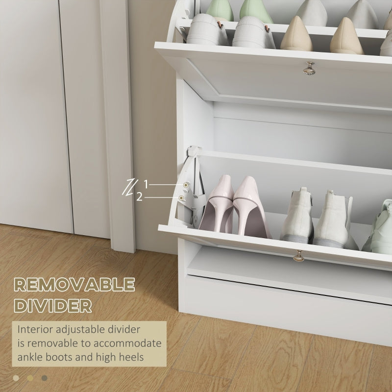 Two Flip Drawer Shoe Cabinet, Slim Storage Adjustable Shelves, White