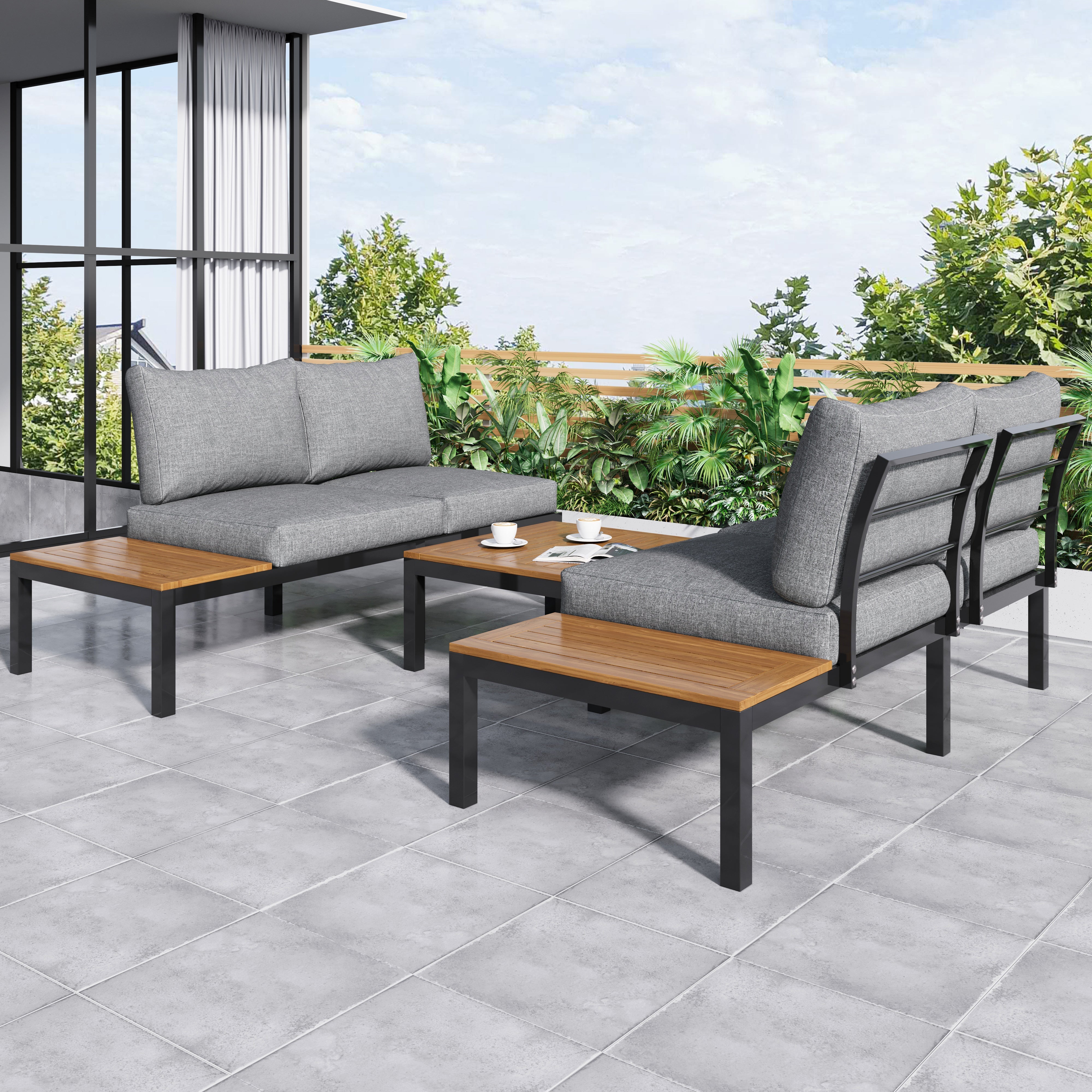 Outdoor Patio & Backyard Furniture Garden Lounge Set for 4, Space Saving L-Shaped Corner Sofa with Wooden Table, Grey