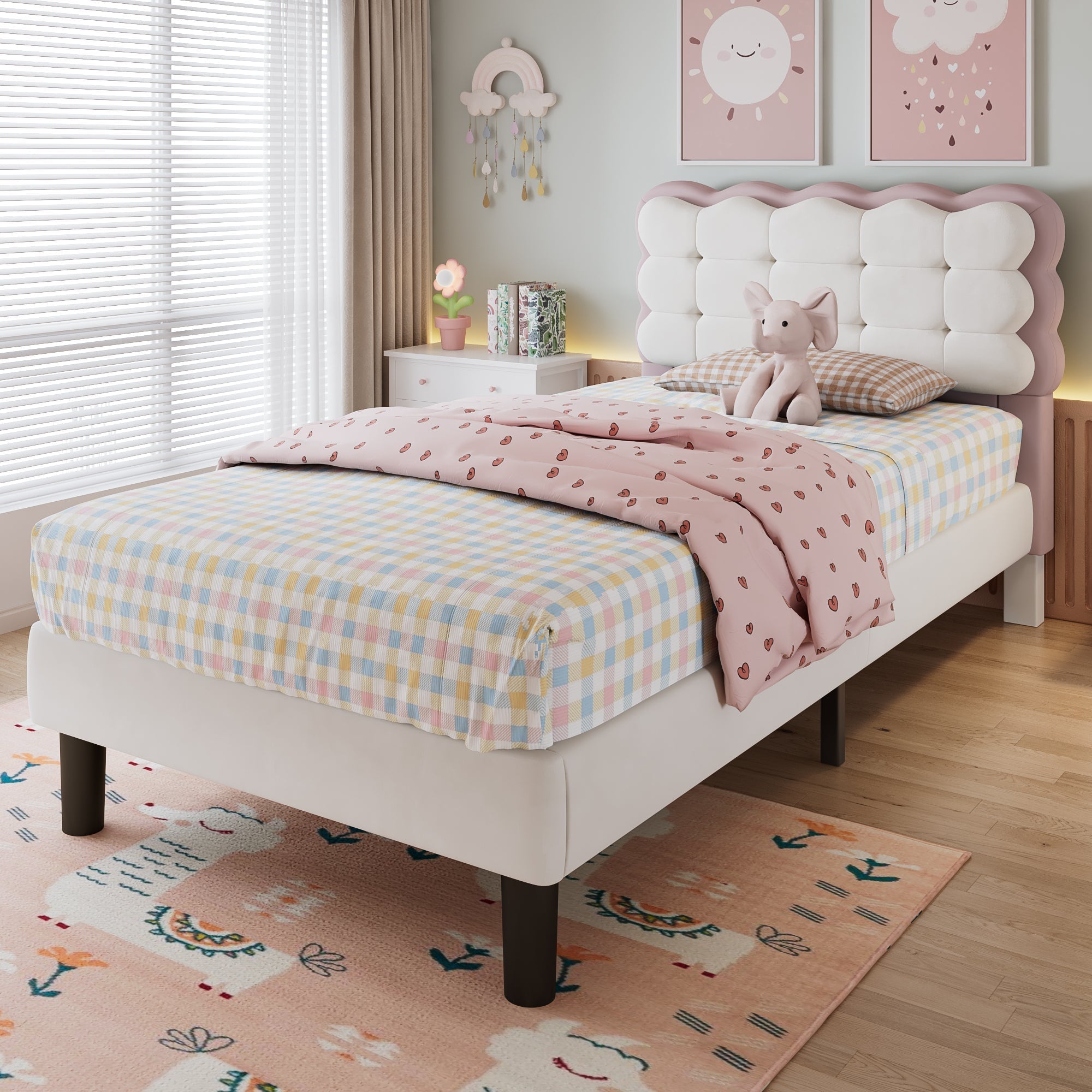Upholstered Bed, Children's 3ft Single Biscuit Velvet Backrest, Beige+Pink