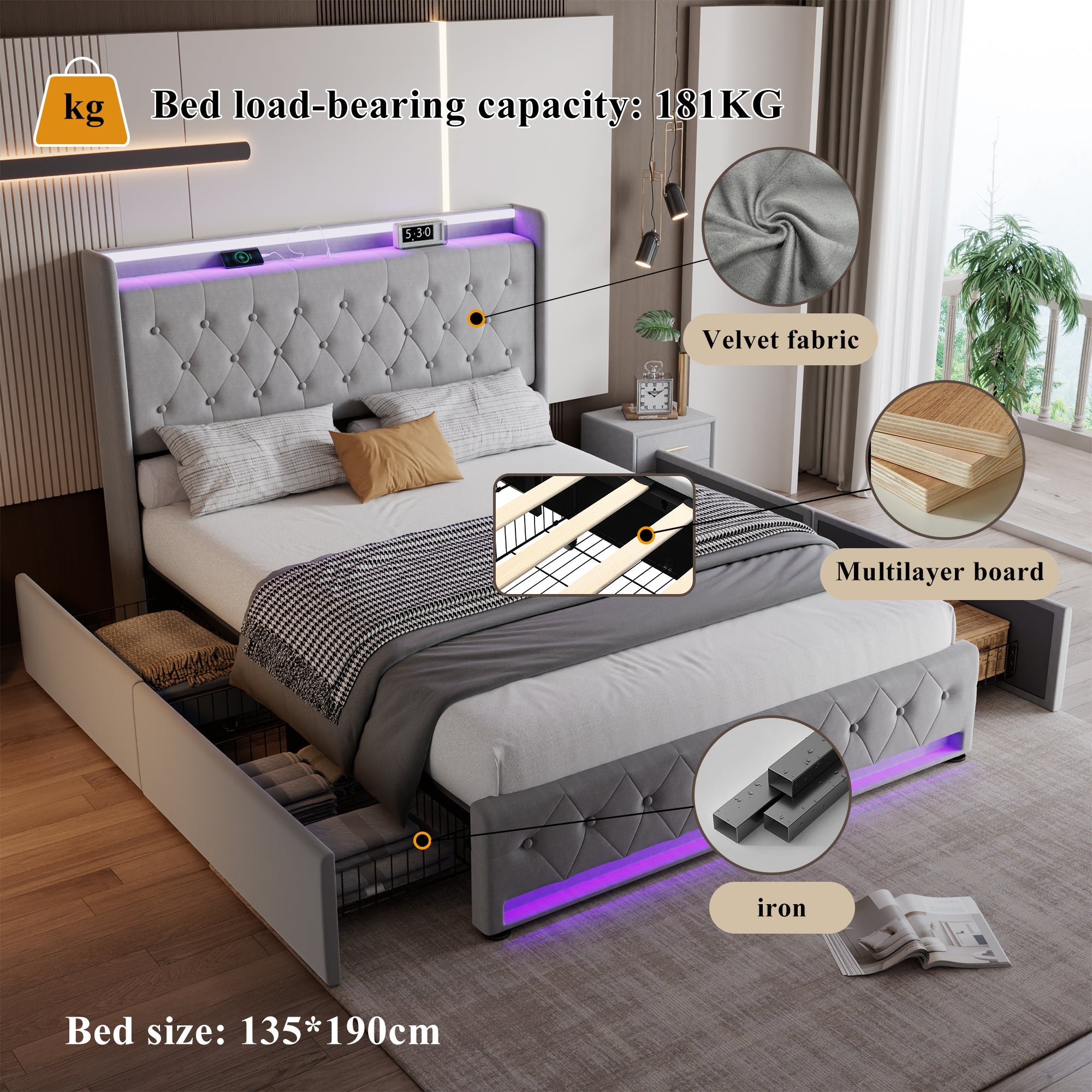 Upholstered Bed, 4ft6 Double with 4 Drawers, Light Strips & Charging Socket, Grey Velvet