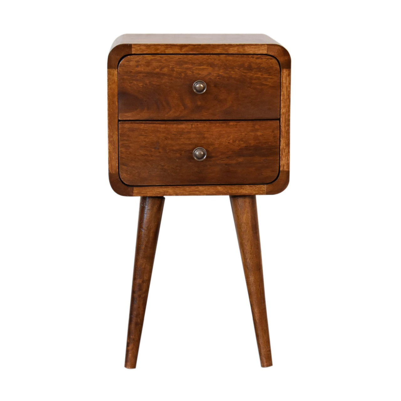 Mini Chestnut Curved Bedside, 2 Drawers, Solid Wood Dark Brown