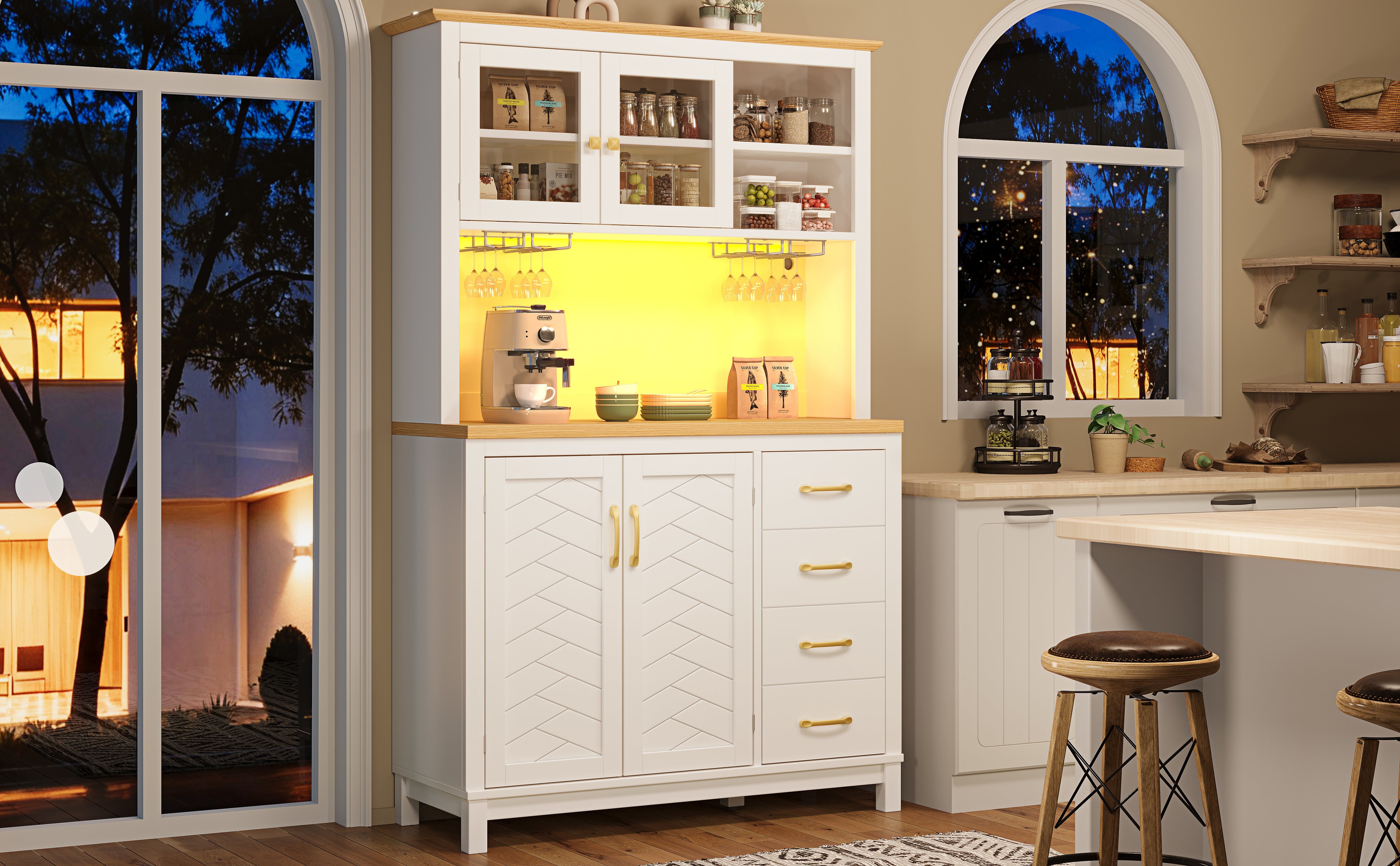 Sideboard Kitchen Cabinet with LED Light Strip and Drink Holders, Green/Black/White