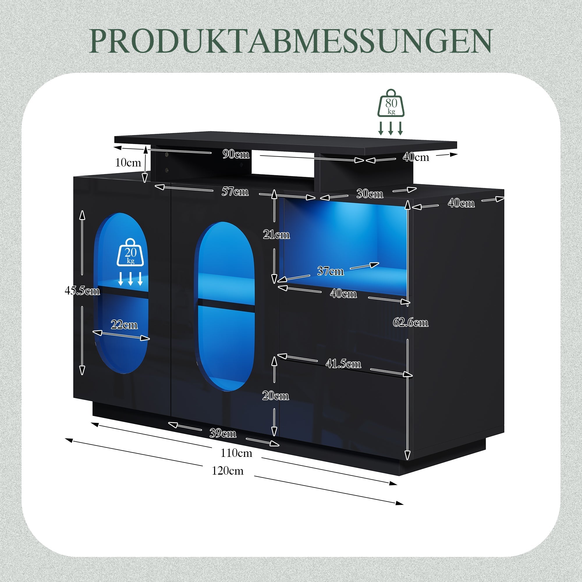 LED Sideboard High-Gloss Oval Glass Doors Storage - Black