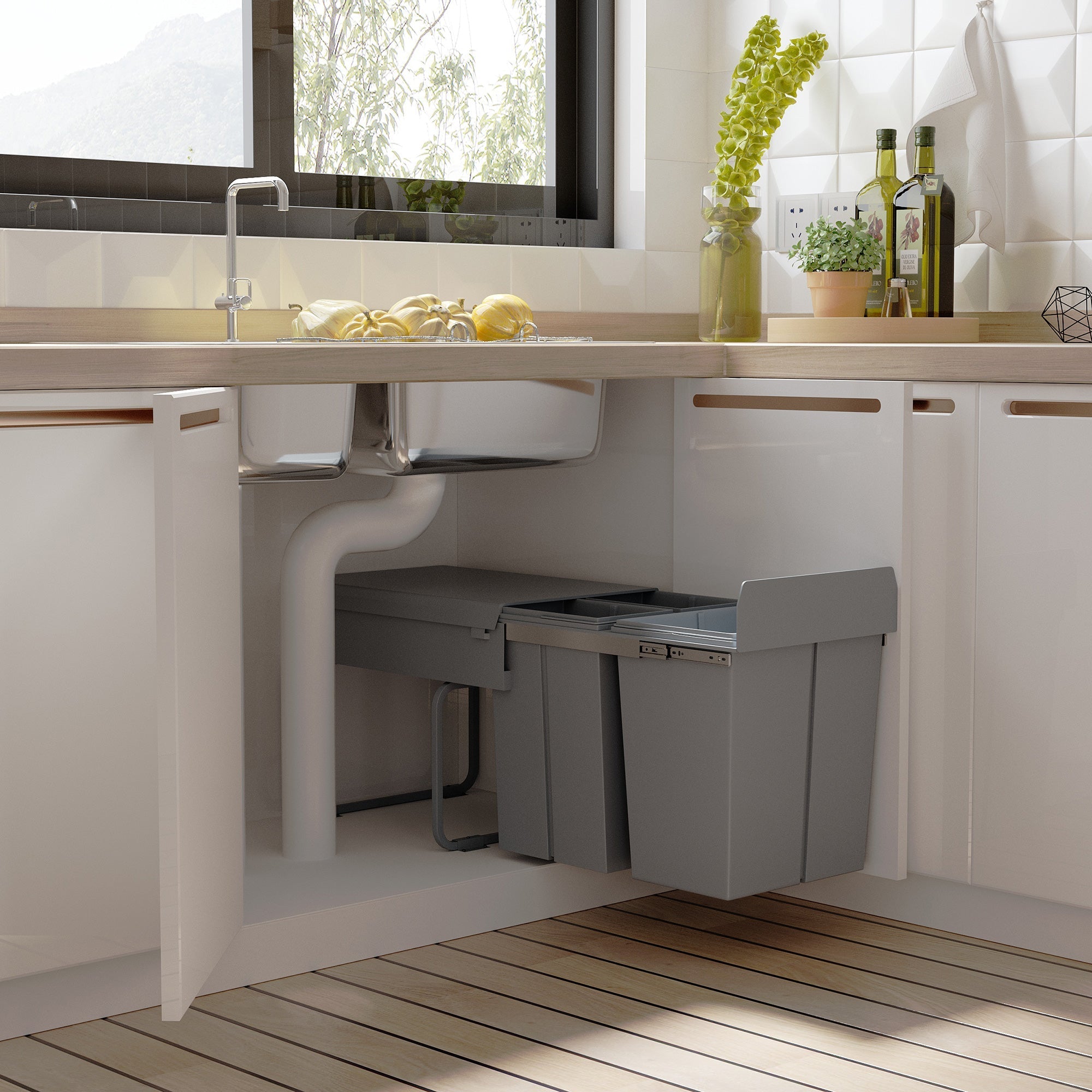 Built-in Waste Bin 40L Pull-Out 3 Compartments for 400mm Cabinets, Grey