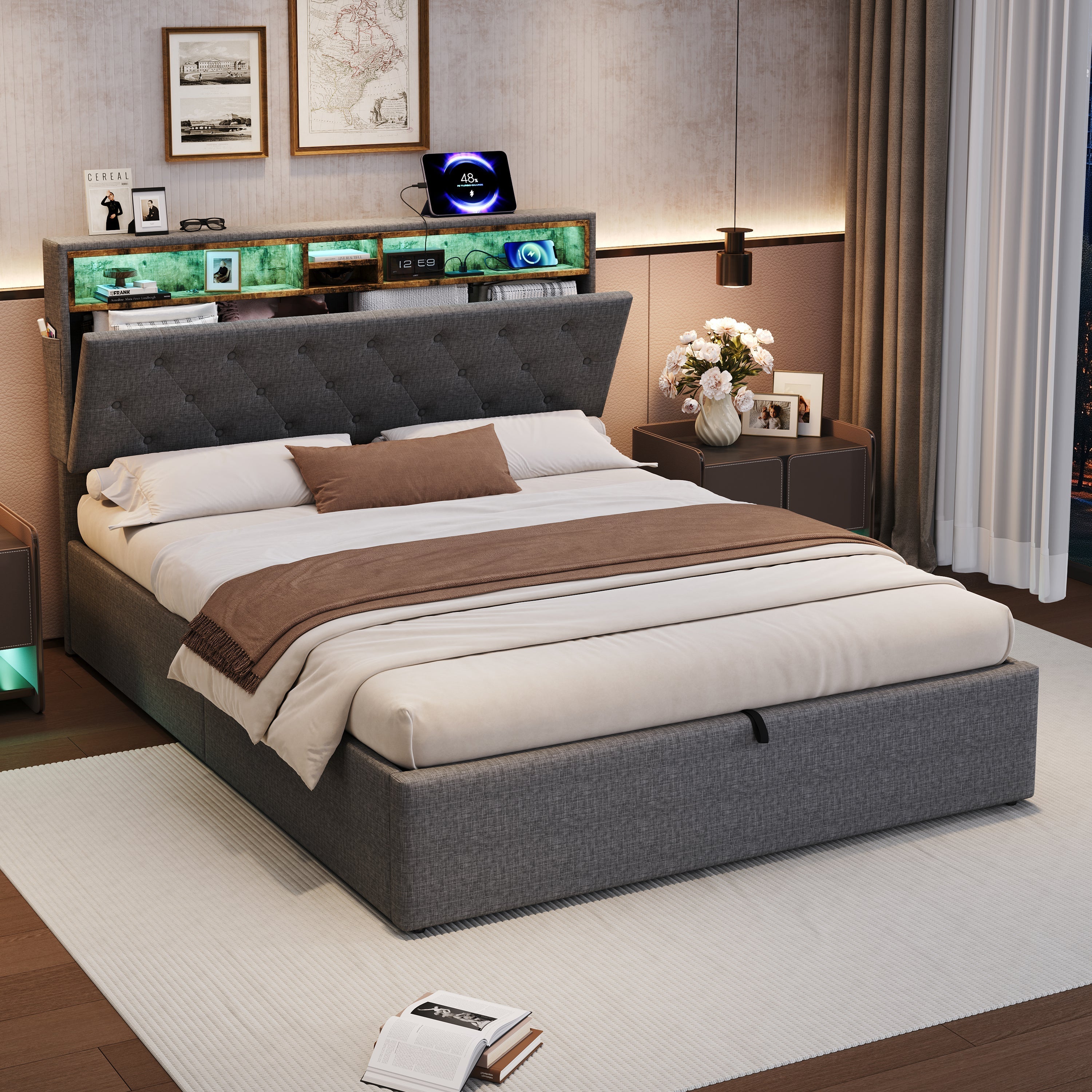 5ft King Upholstered Hydraulic Bed, Headboard Storage & LED Lighting, Linen Grey