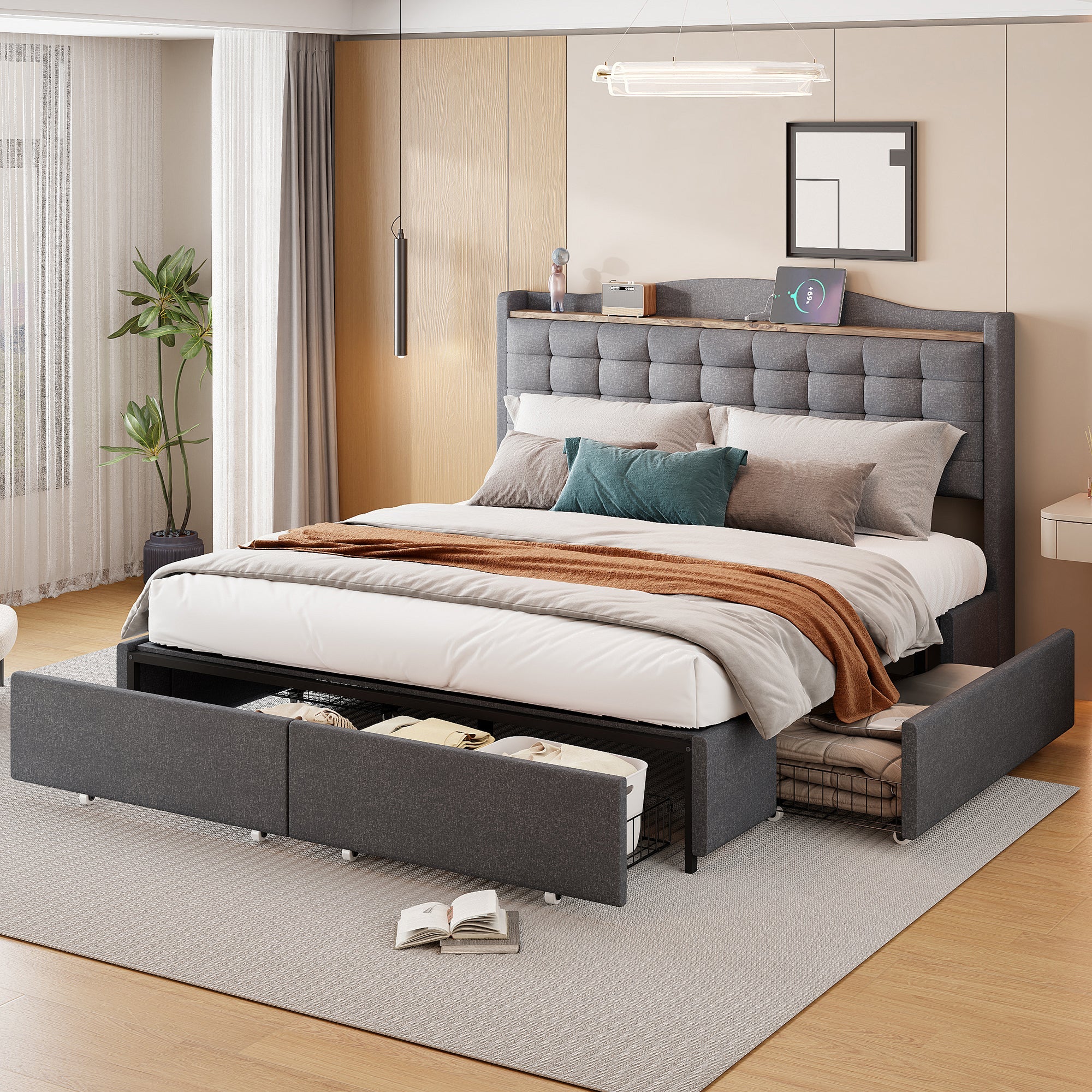 Upholstered Bed 160*200 cm, with USB Charging Bedside Table and 4 Drawers, Gray Linen Fabric