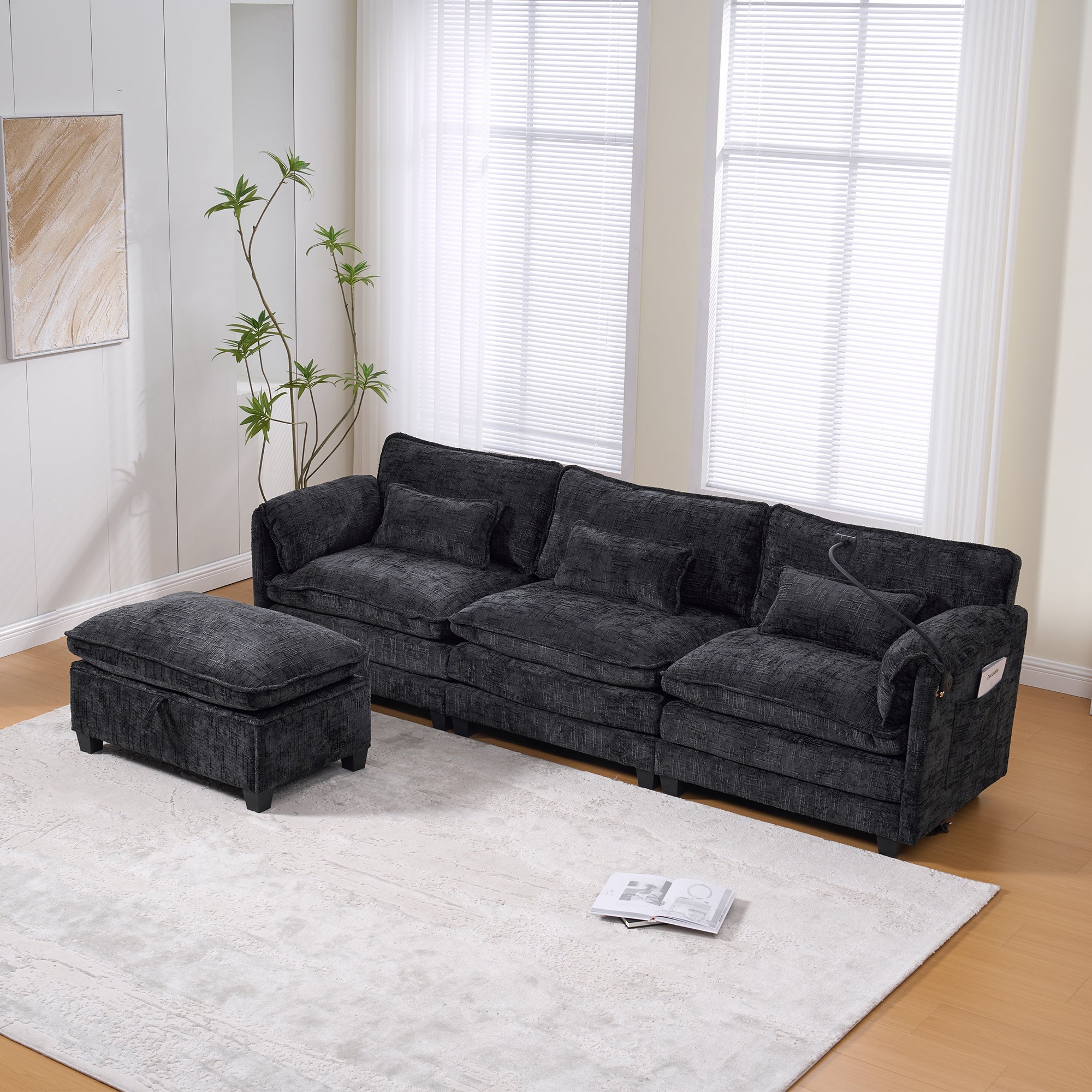 2-Seater Sofa USB Port Modular Footstool - Chenille Black
