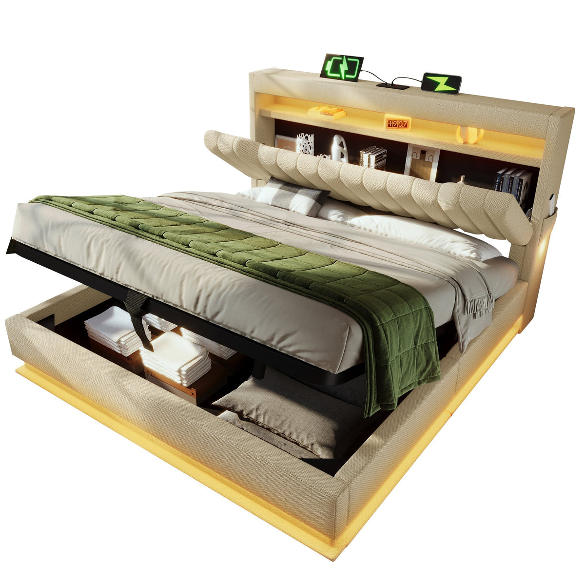 Upholstered Double Bed 140x200cm Storage Headboard USB/Type-C LED Hydraulic, Beige Linen