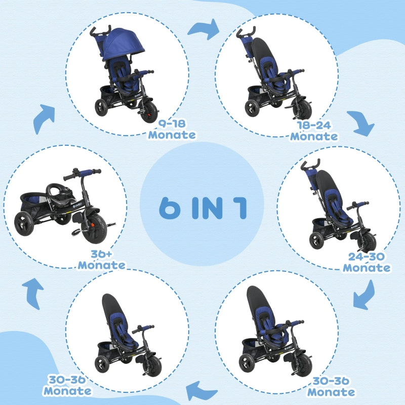6-in-1 Tricycle with Push Bar and Sun Canopy, Dark Blue