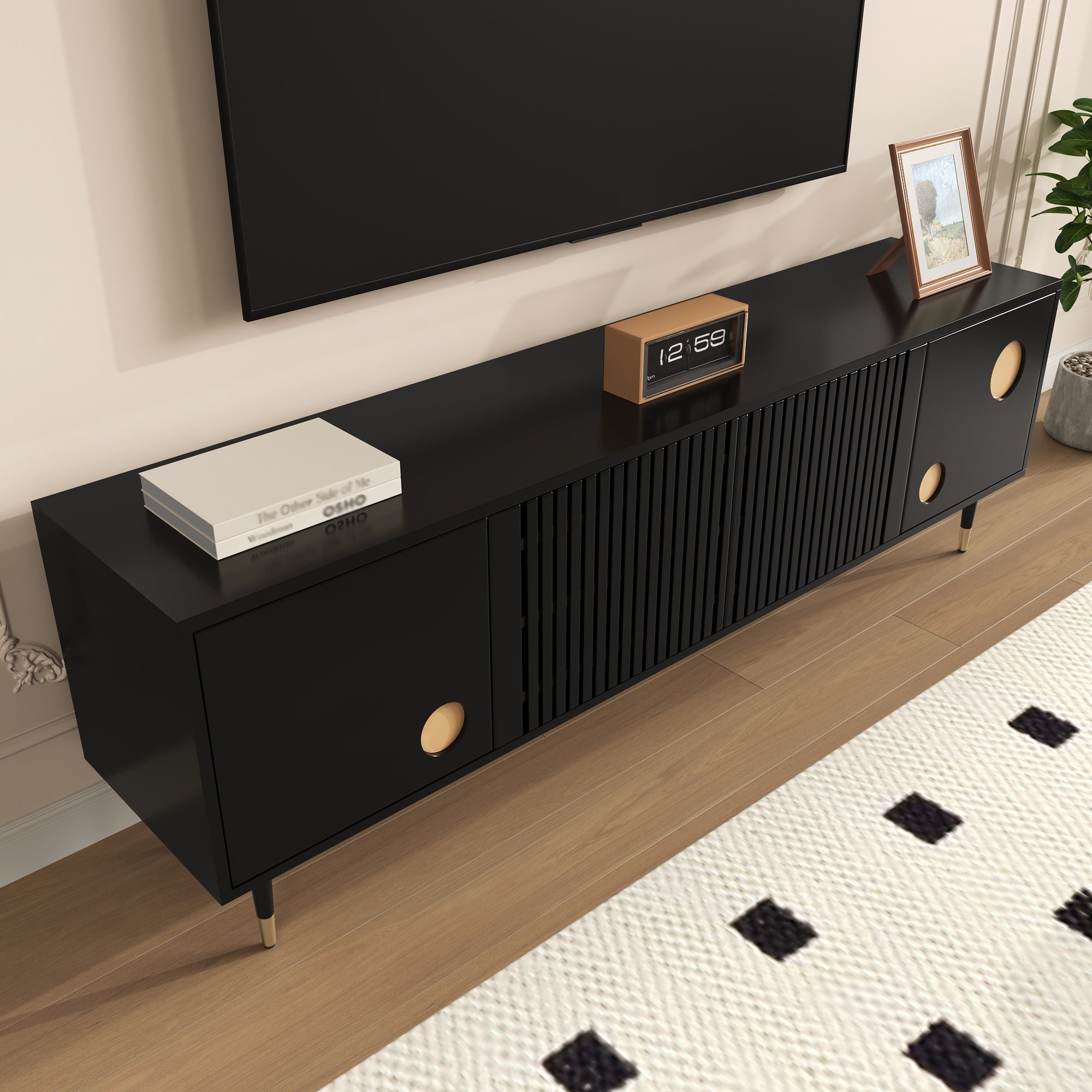 TV Cabinet, Lattice, Hidden Handles, Gold Decor, Solid Wood