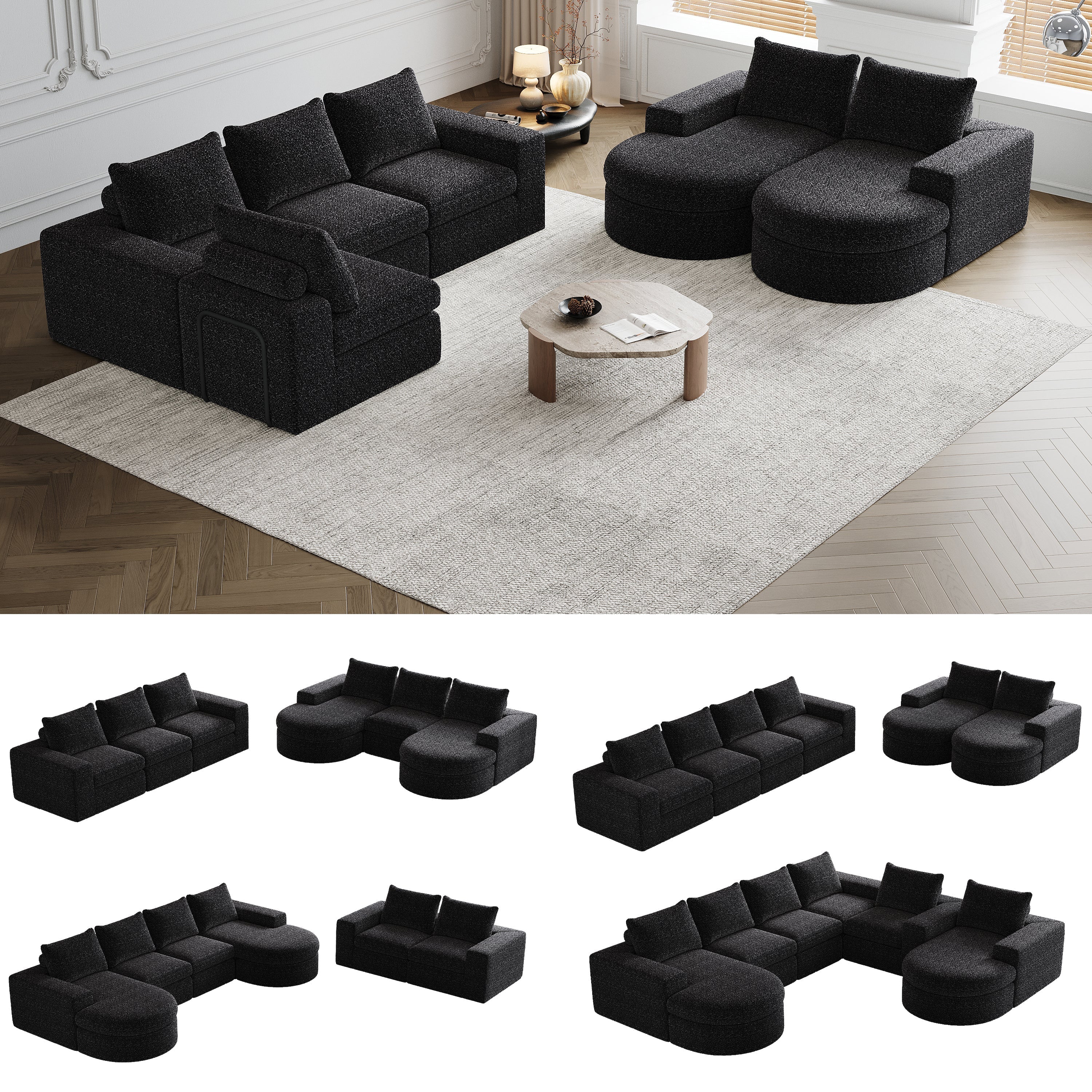 Chenille Sofa - Curved Elements, L-Lounger, Two-Piece Set