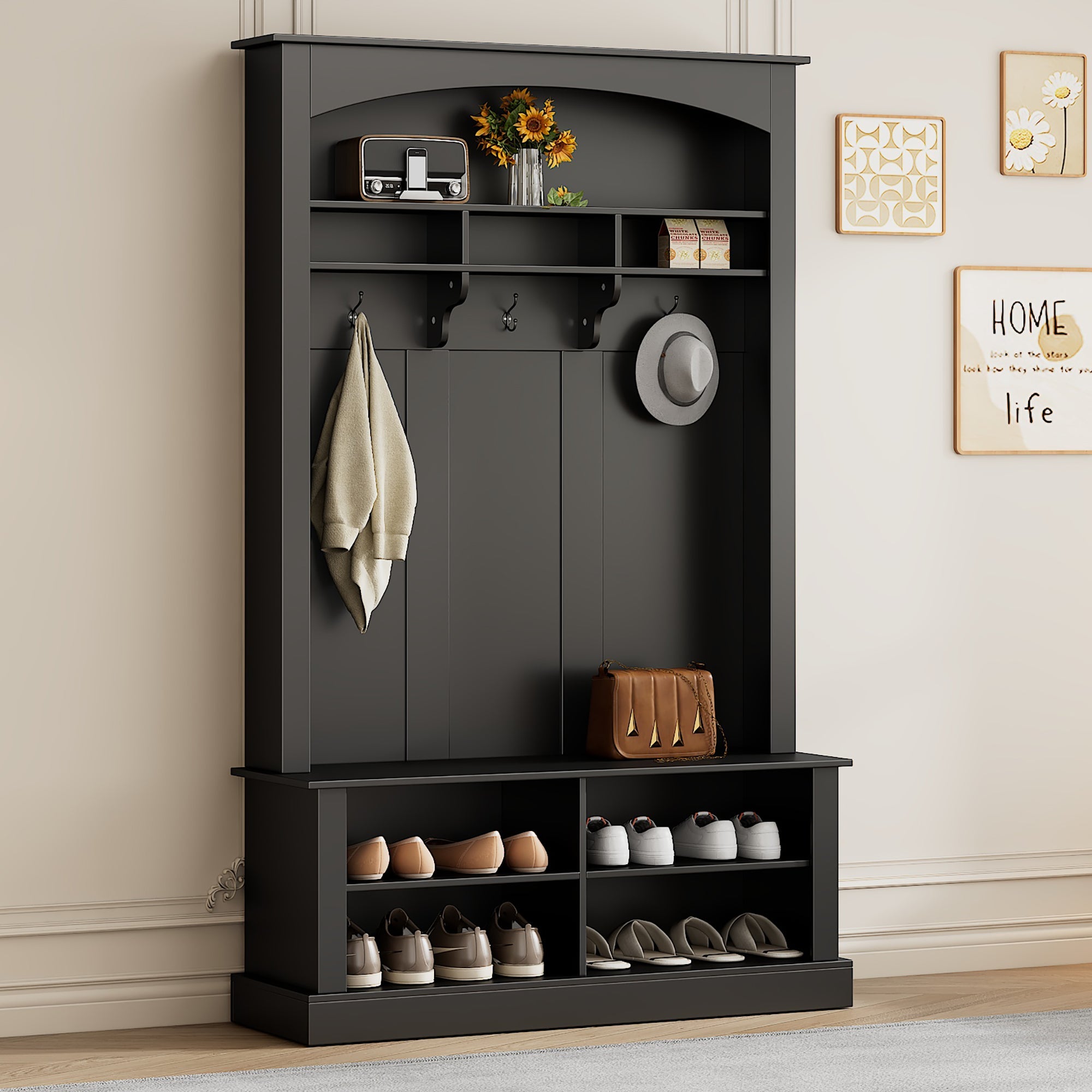 Wardrobe set with bench and shoe rack, multifunctional storage, black