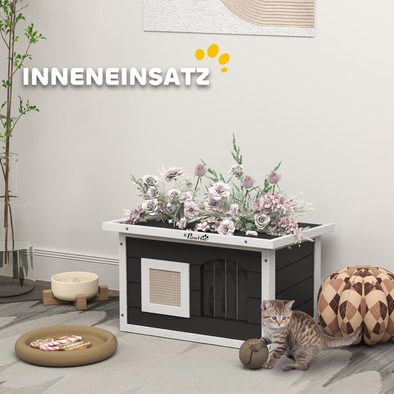 Katzenhaus aus Holz, Kratzmatte, wetterfest, für Innen und Außen, Grau
