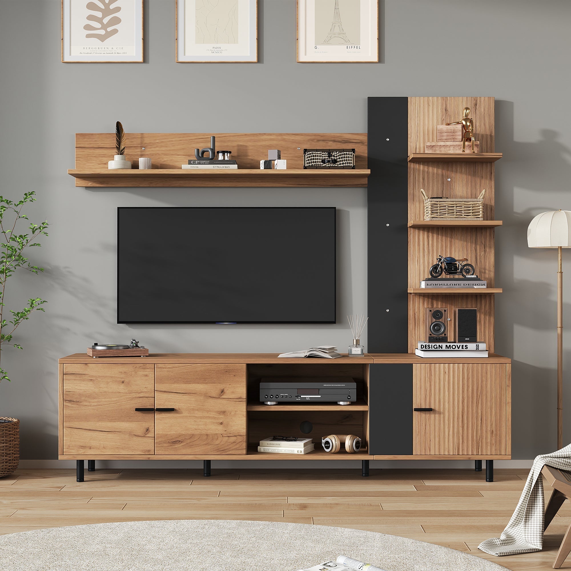 TV Wall Unit Set with Display Cabinet and Open Shelves for TV up to 80", Wood Color and Black