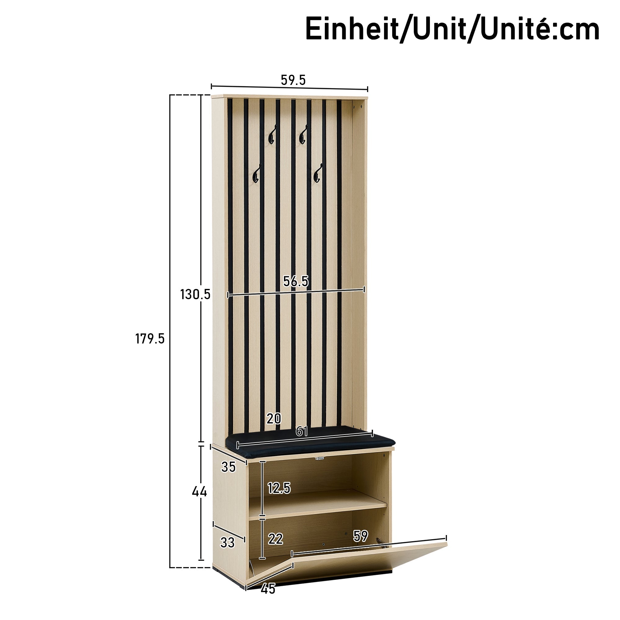 Modern Wardrobe with Bench & Shoe Storage, 4 Hooks, Wood/MDF