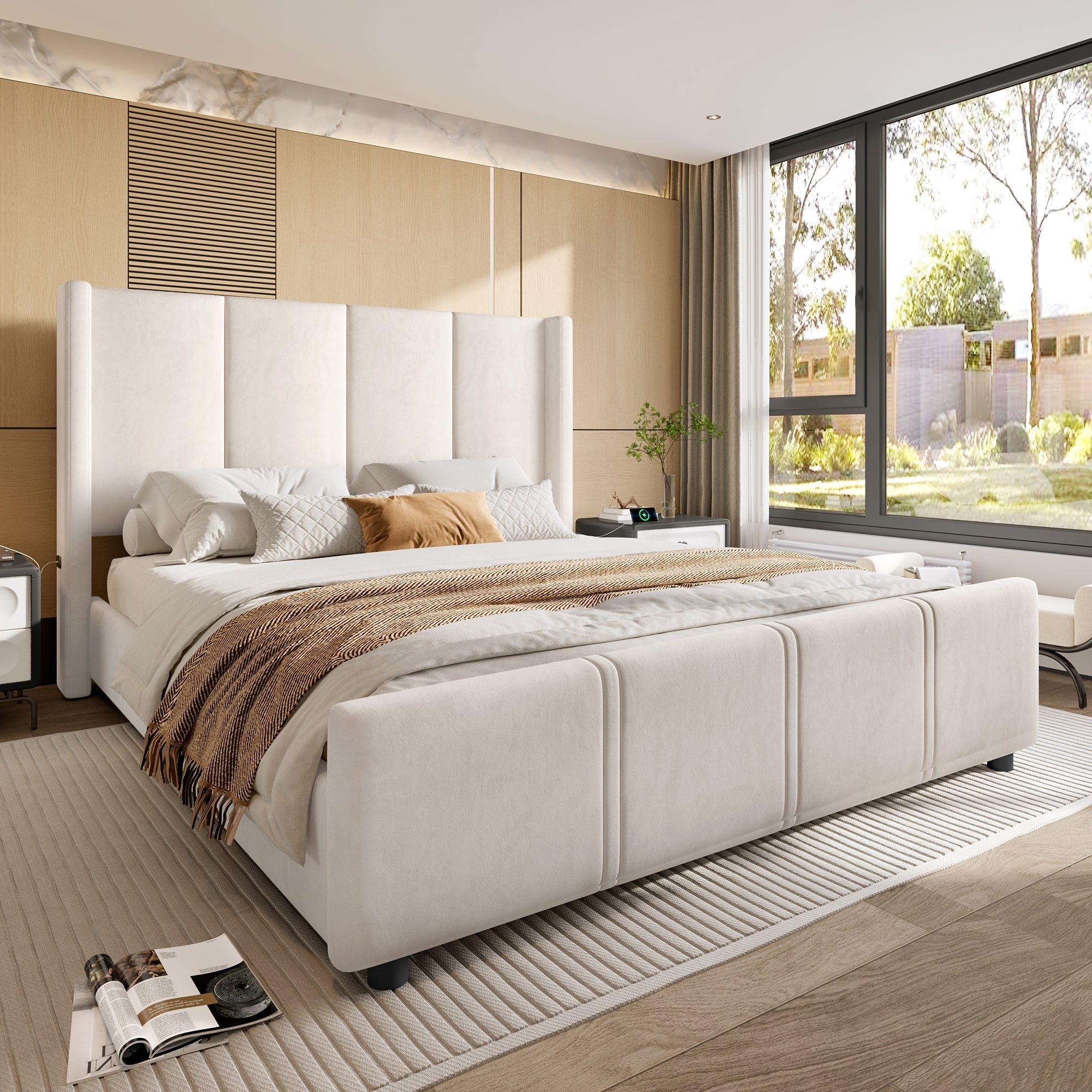 Upholstered Bed Frame, Modern with USB Port, Iron & Wood, Beige