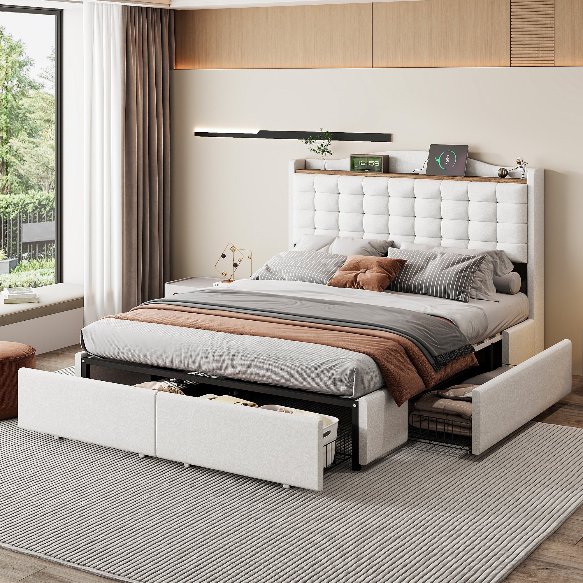 Upholstered Bed 140x200cm, USB Charging & Storage, 4-Drawer, Linen Fabric Beige