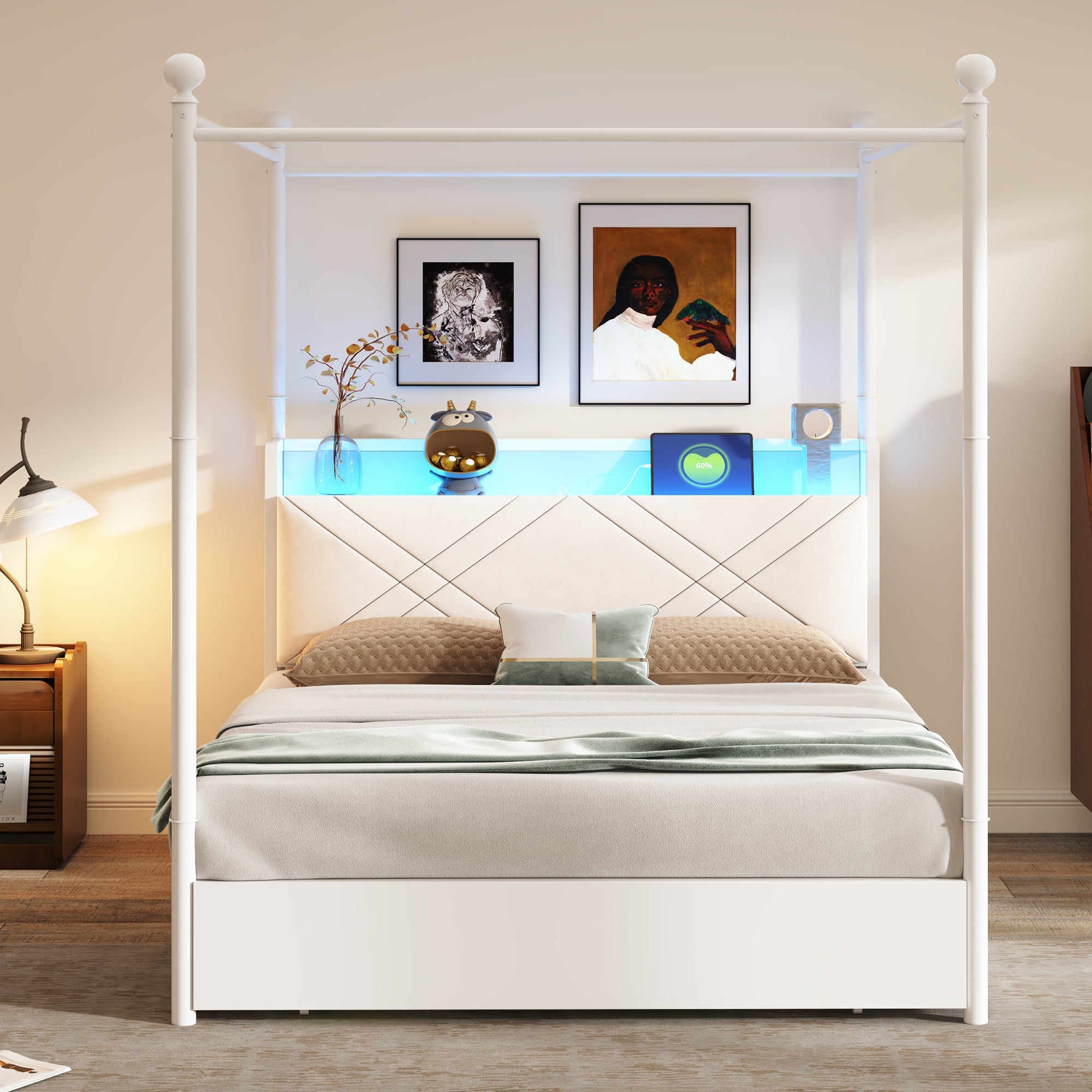 Multifunctional Double Bed with Iron Canopy, LED, USB and 3 Drawers, 140x190cm, White