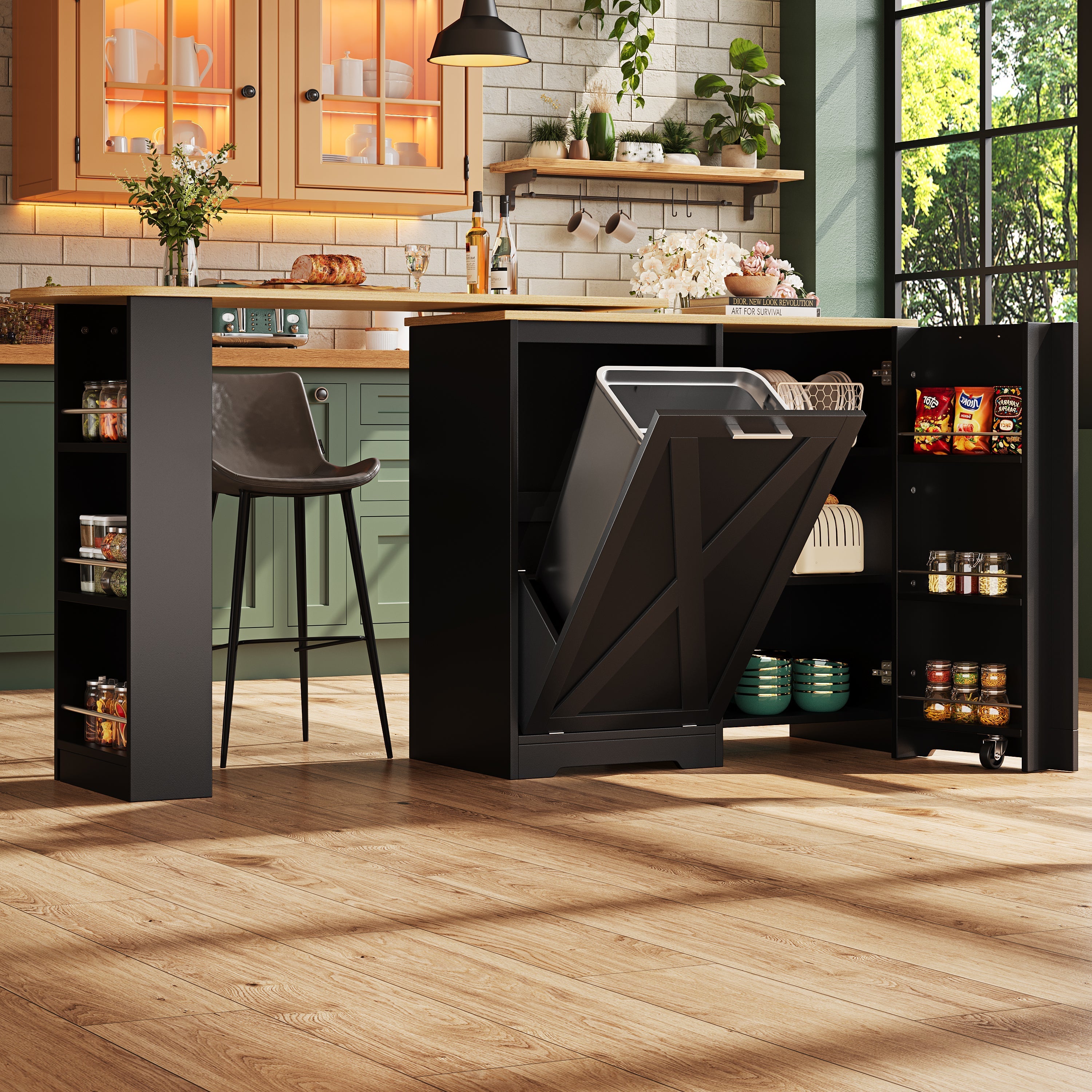 360° Rotating Breakfast Bar with Multifunctional Storage and Side Shelves, Black