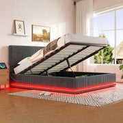 Modern Upholstered Bed with LED Lighting, USB-C Charging and Under-Bed Storage, Gray Corduroy