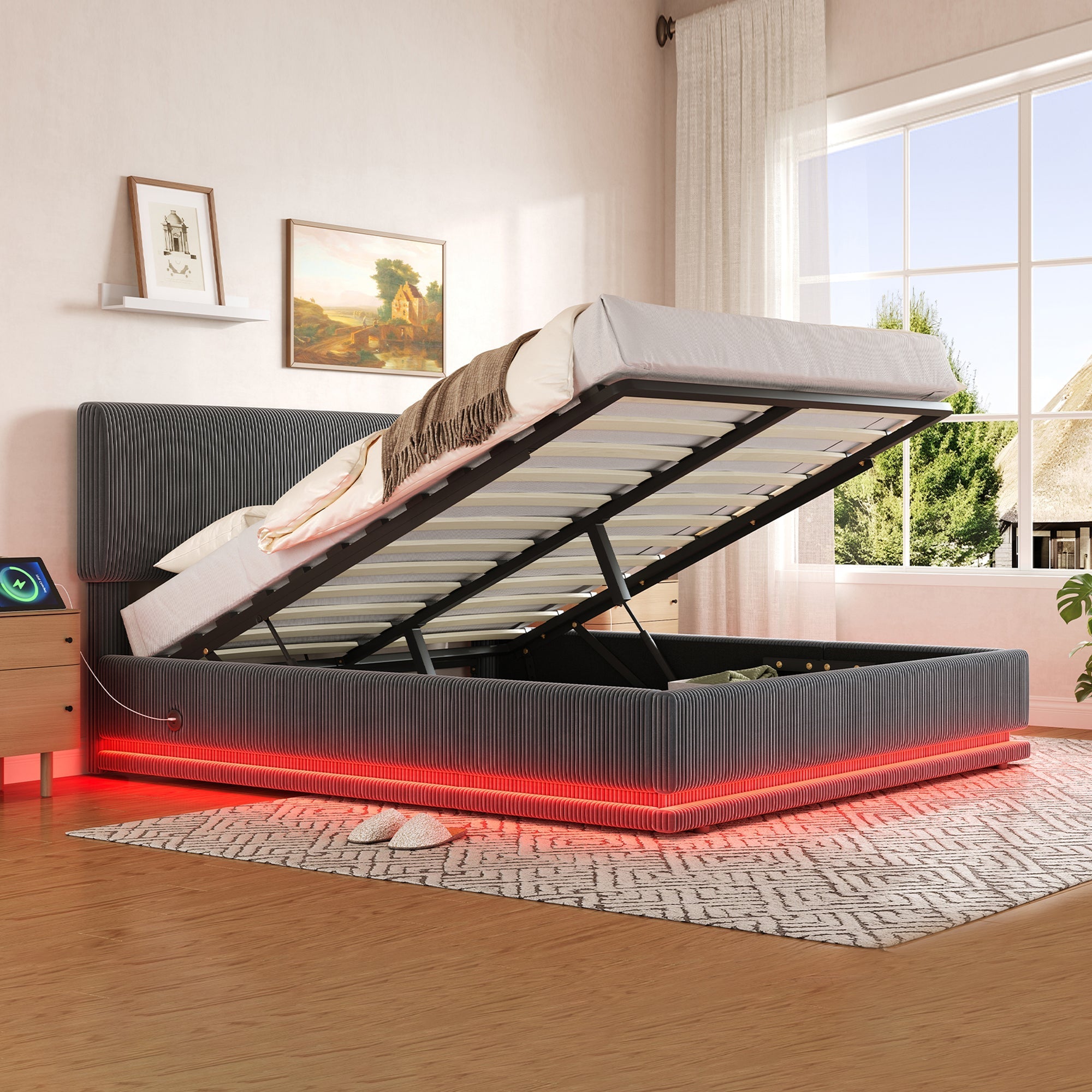 Modern Upholstered Bed with LED Lighting, USB-C Charging and Under-Bed Storage, Gray Corduroy