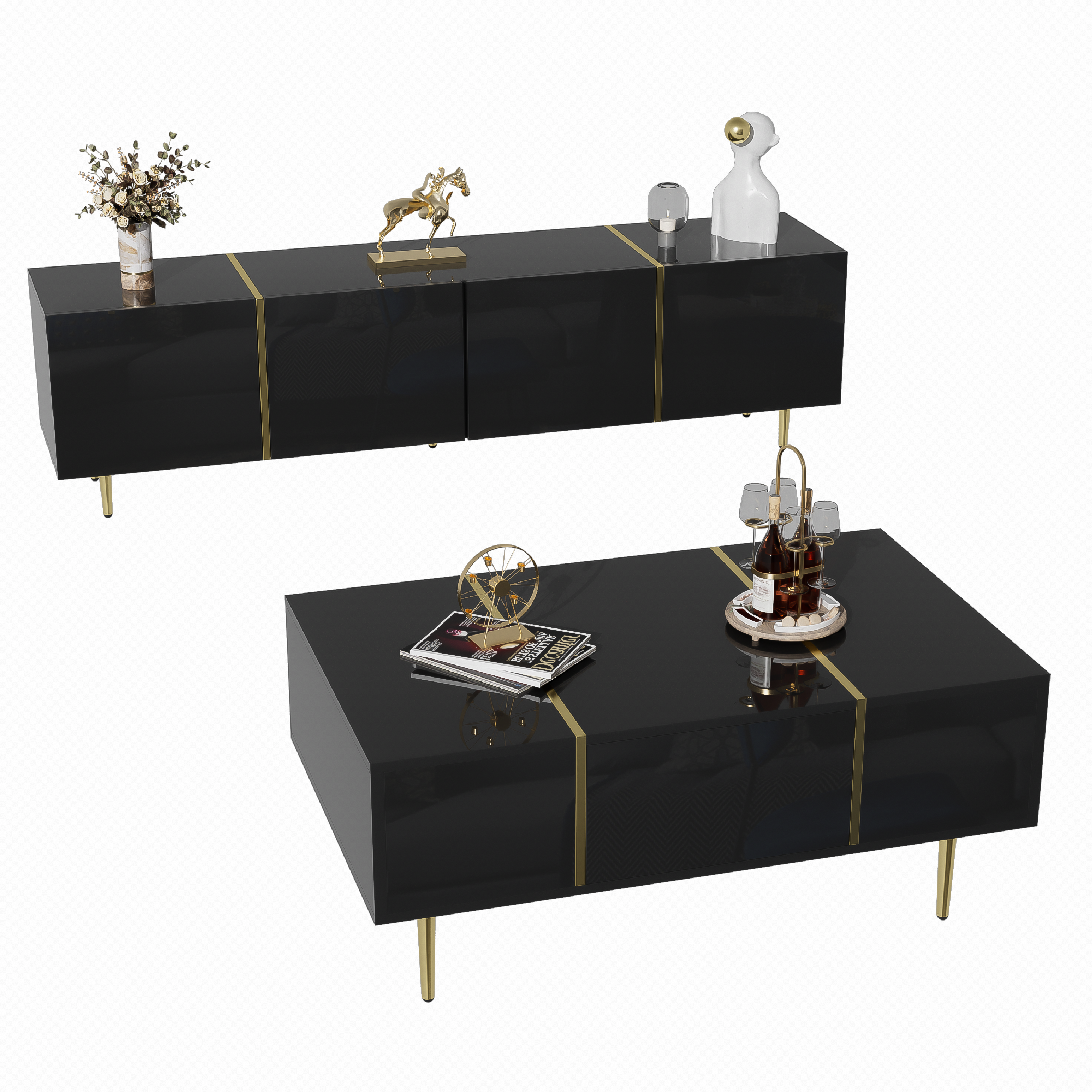 TV Cabinet and Coffee Table Set, High Gloss, Black