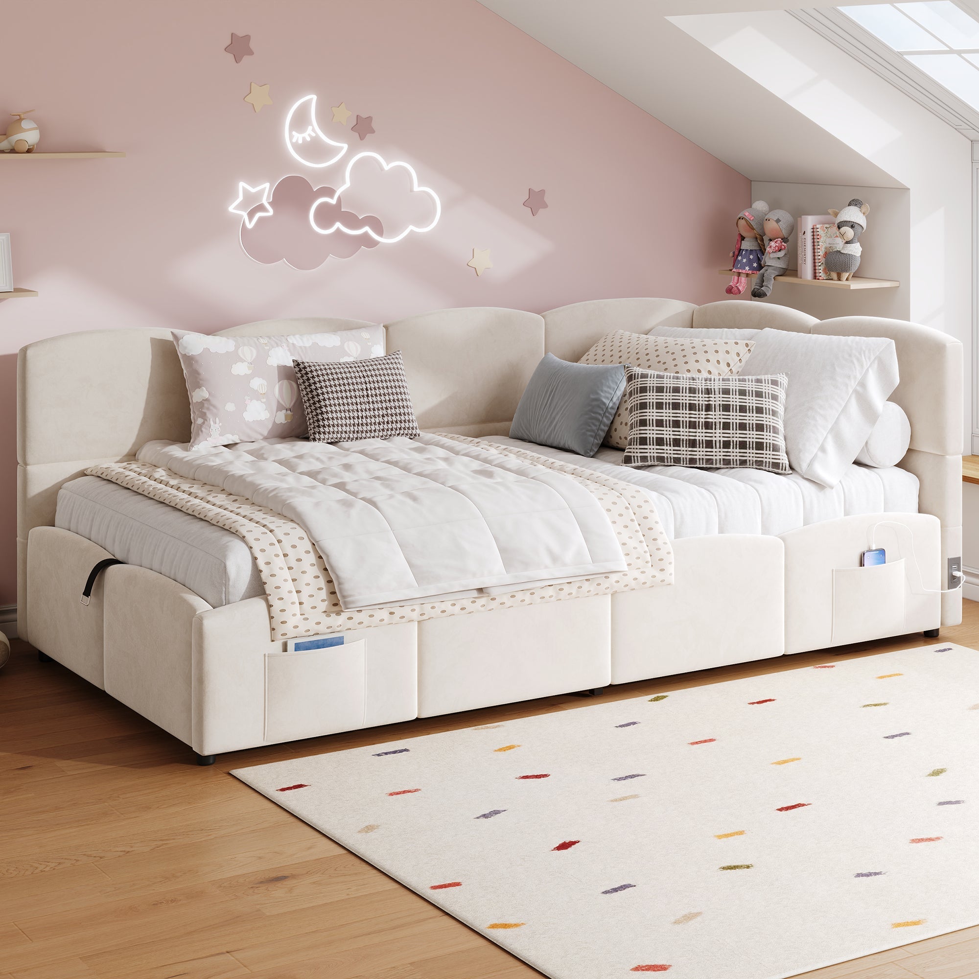 Upholstered Sofa Bed with USB Charger and Storage Bag, 90x200cm, Beige Velvet