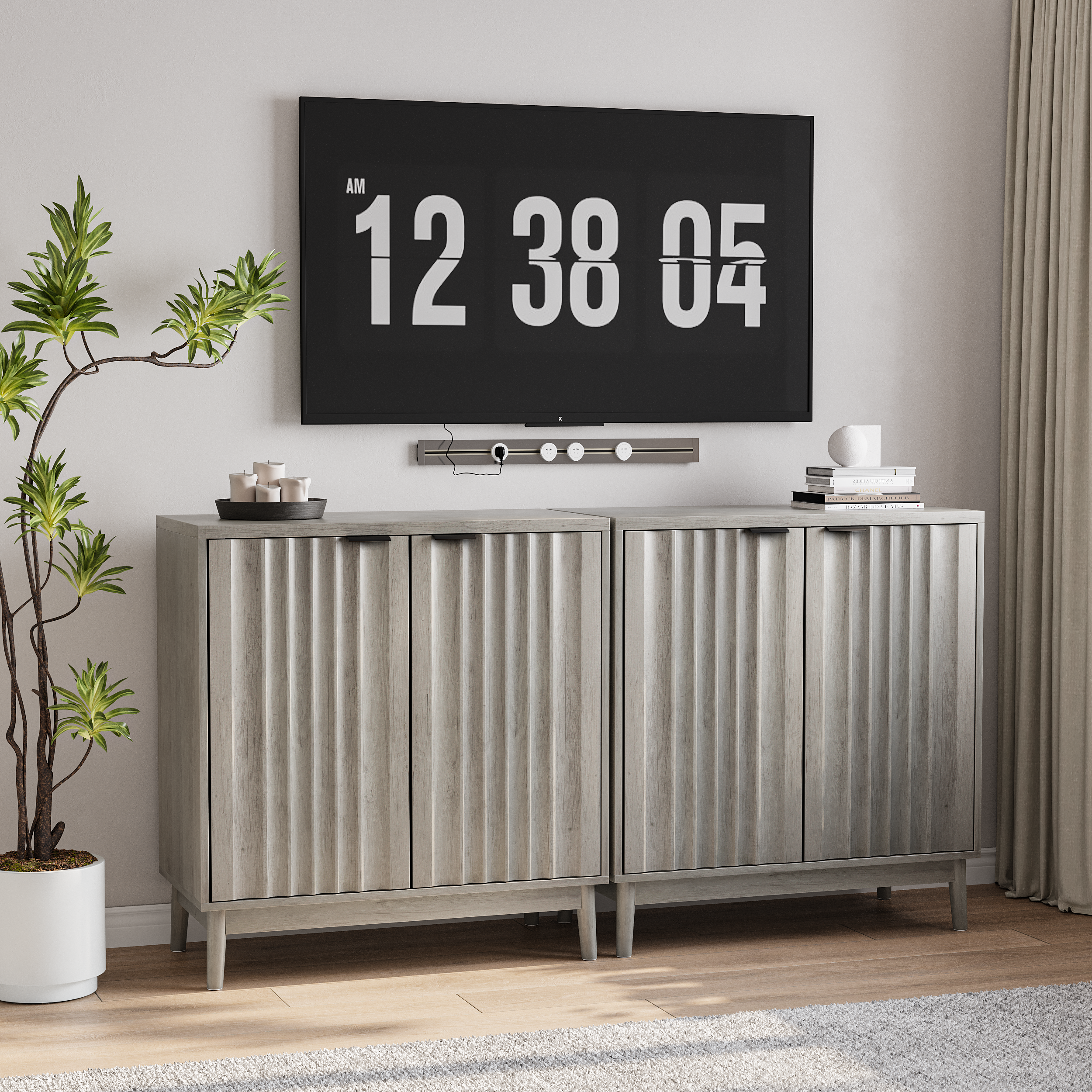 Grooved Edge Cabinet, Independent Wash Buffet with Adjustable Shelves, Wooden, Gray