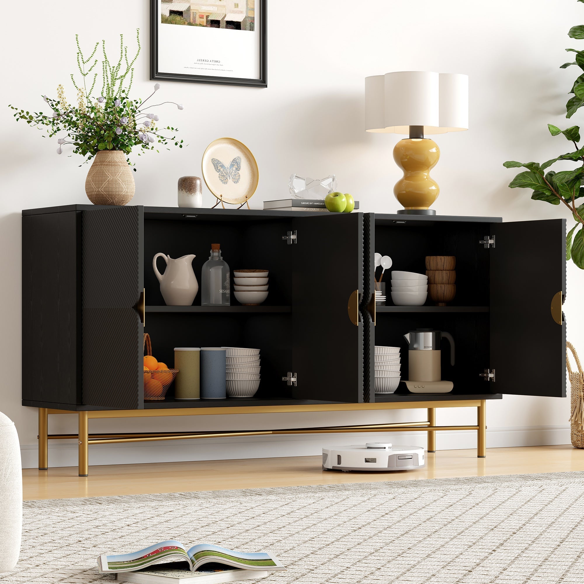 Sideboard Raised Texture 160cm, Cabinet Four Doors, Golden Brushed Handles and High-Gloss Table Legs, Black