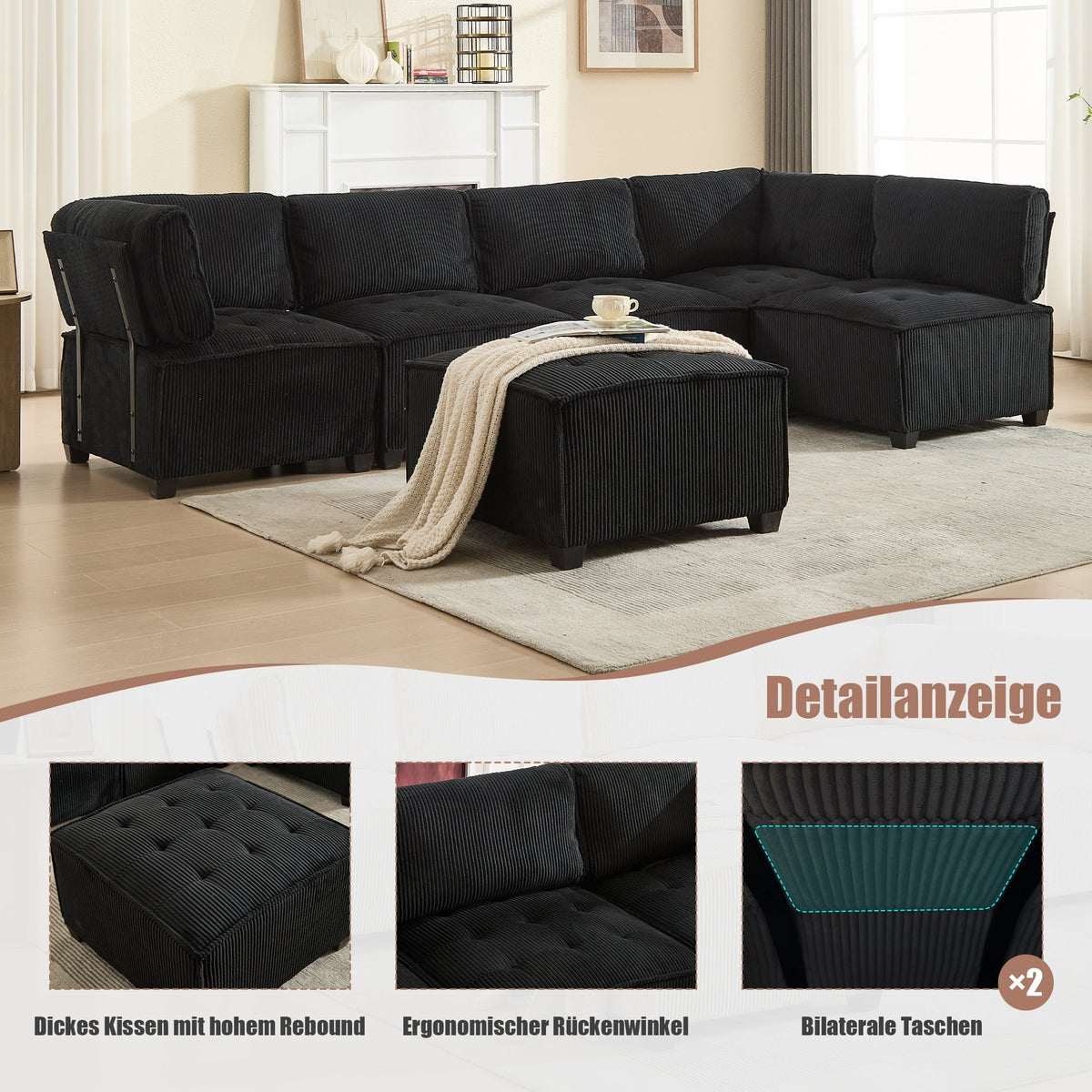 Modular Sofa 6-Seater 308cm, Ergonomic Storage Pockets, Corduroy Black