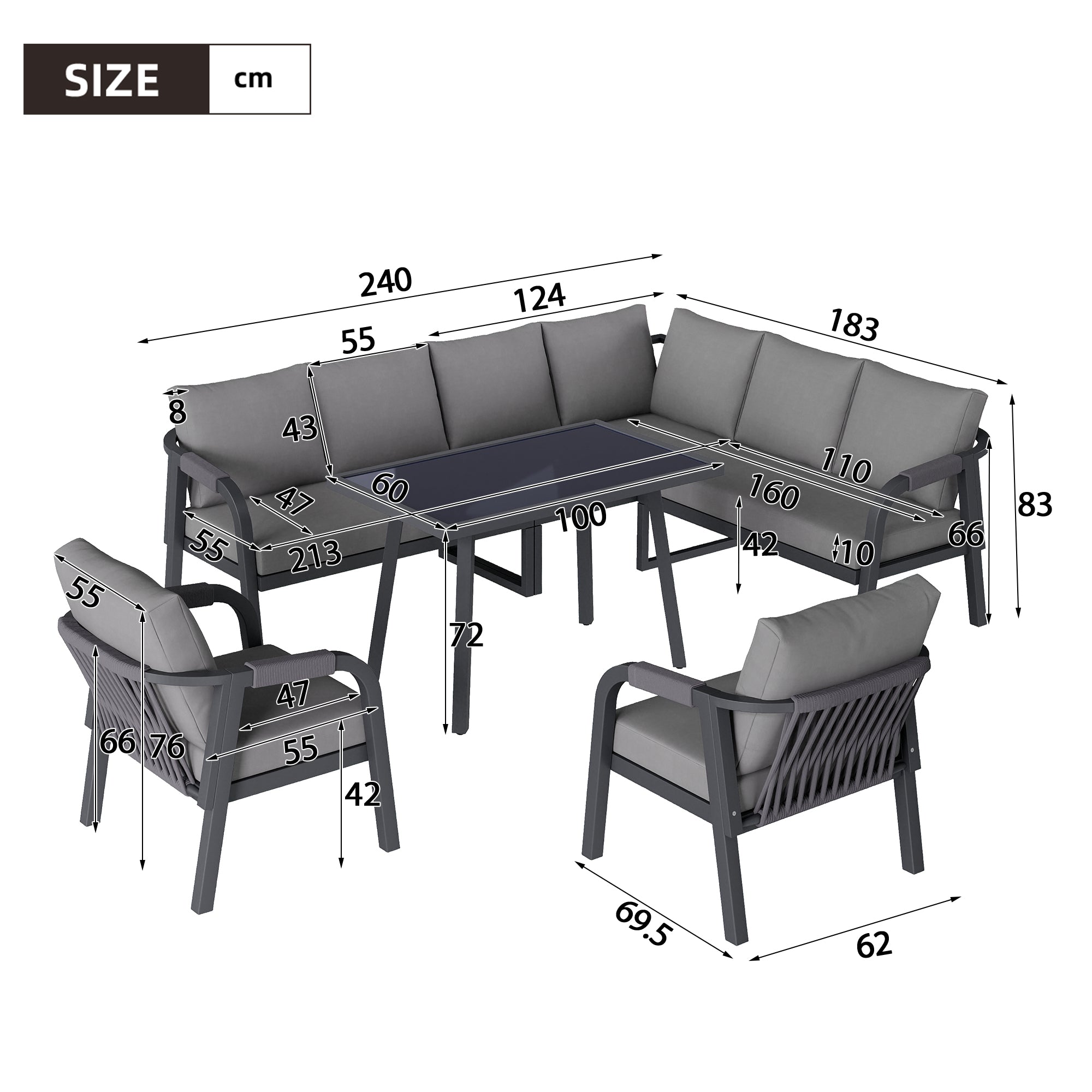 Garden Dining Set with Corner Sofa, Table and Two Armchairs, Seats up to 8, Grey Steel