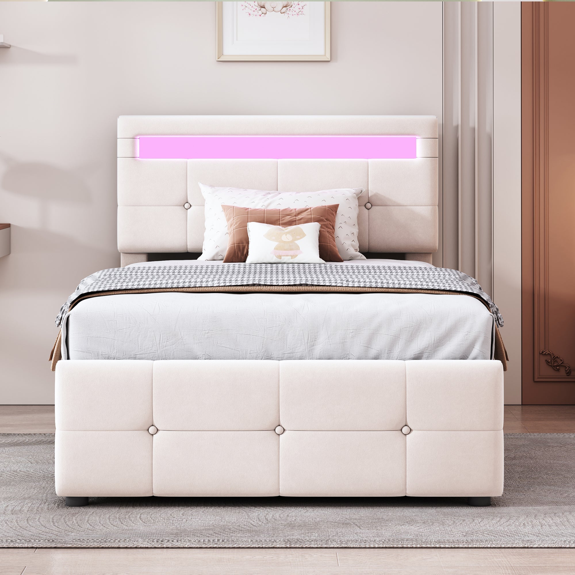 Upholstered Children's Bed with LED Lighting and Hydraulic Storage, Velvet Beige/Grey