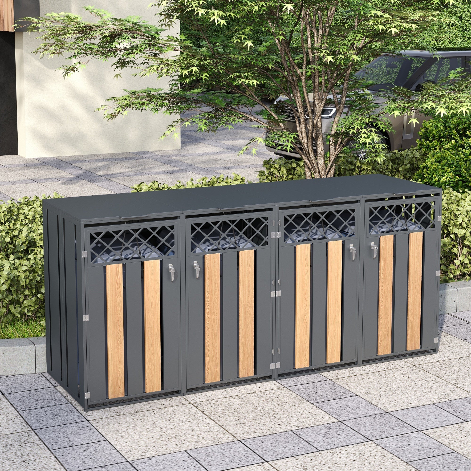 Garbage Can Storage Box with Hinged Lid and Lockable Double Doors, Metal