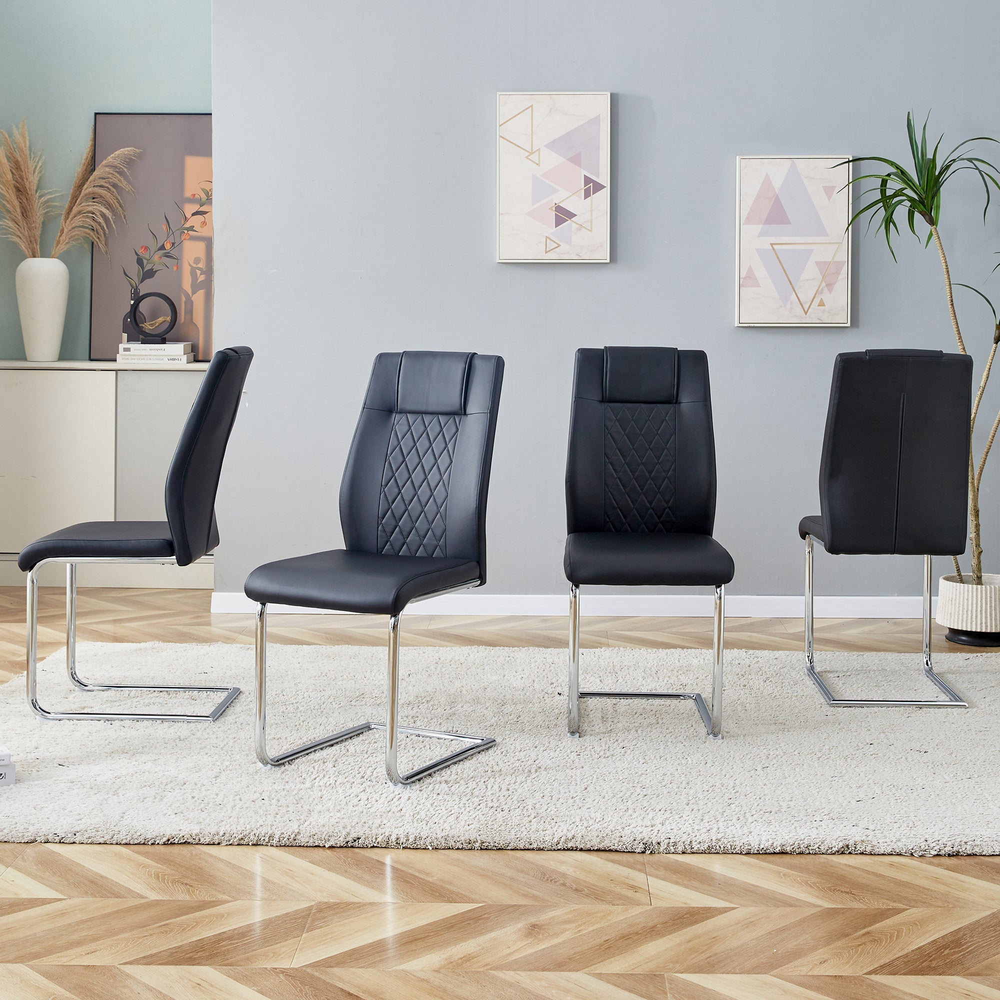 Dining Chair Set of 4 Nordic Style Mesh Stitching Silver Metal Legs Black PU