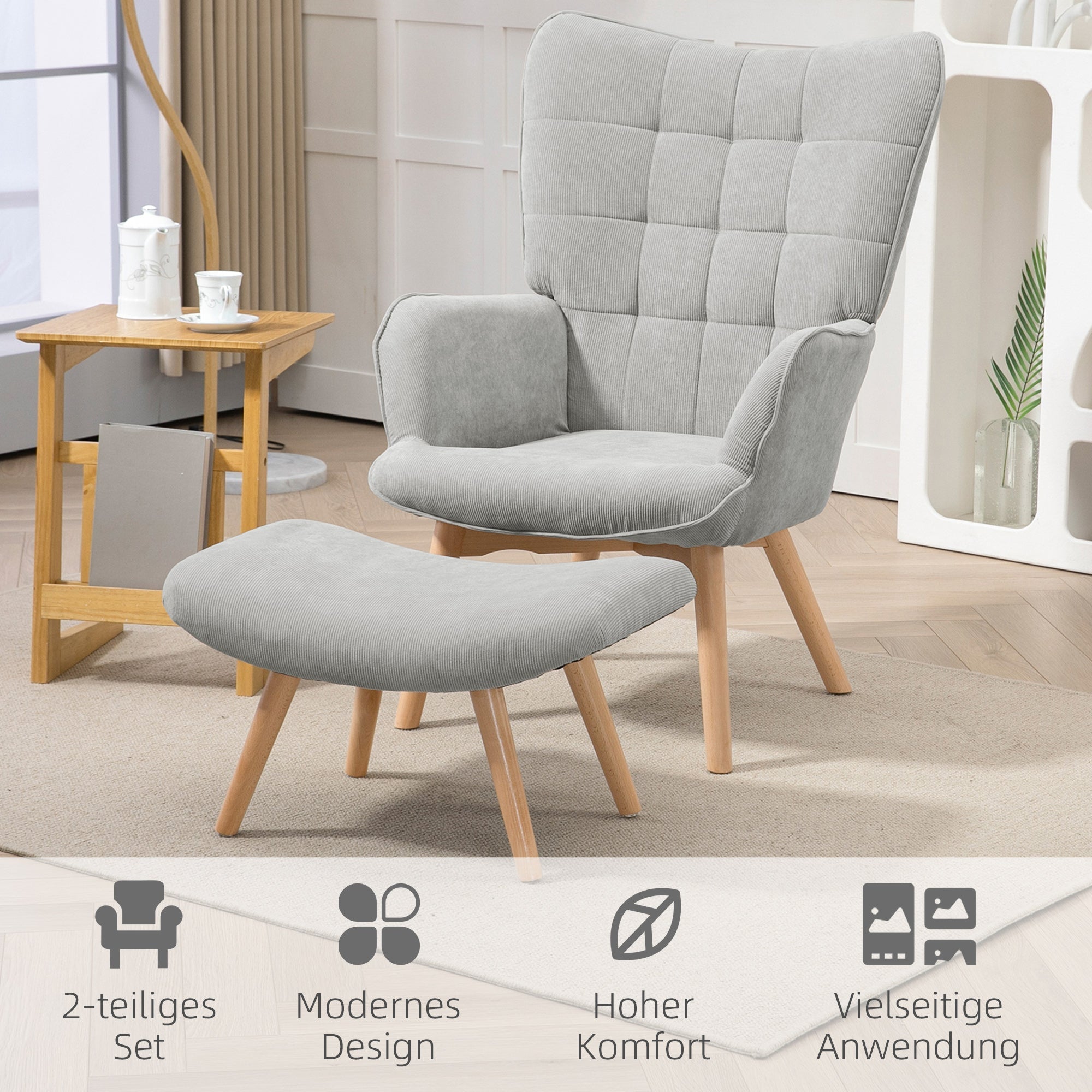 Wingback Chair with Footstool, Upholstered Relaxing Chair, Grey Corduroy