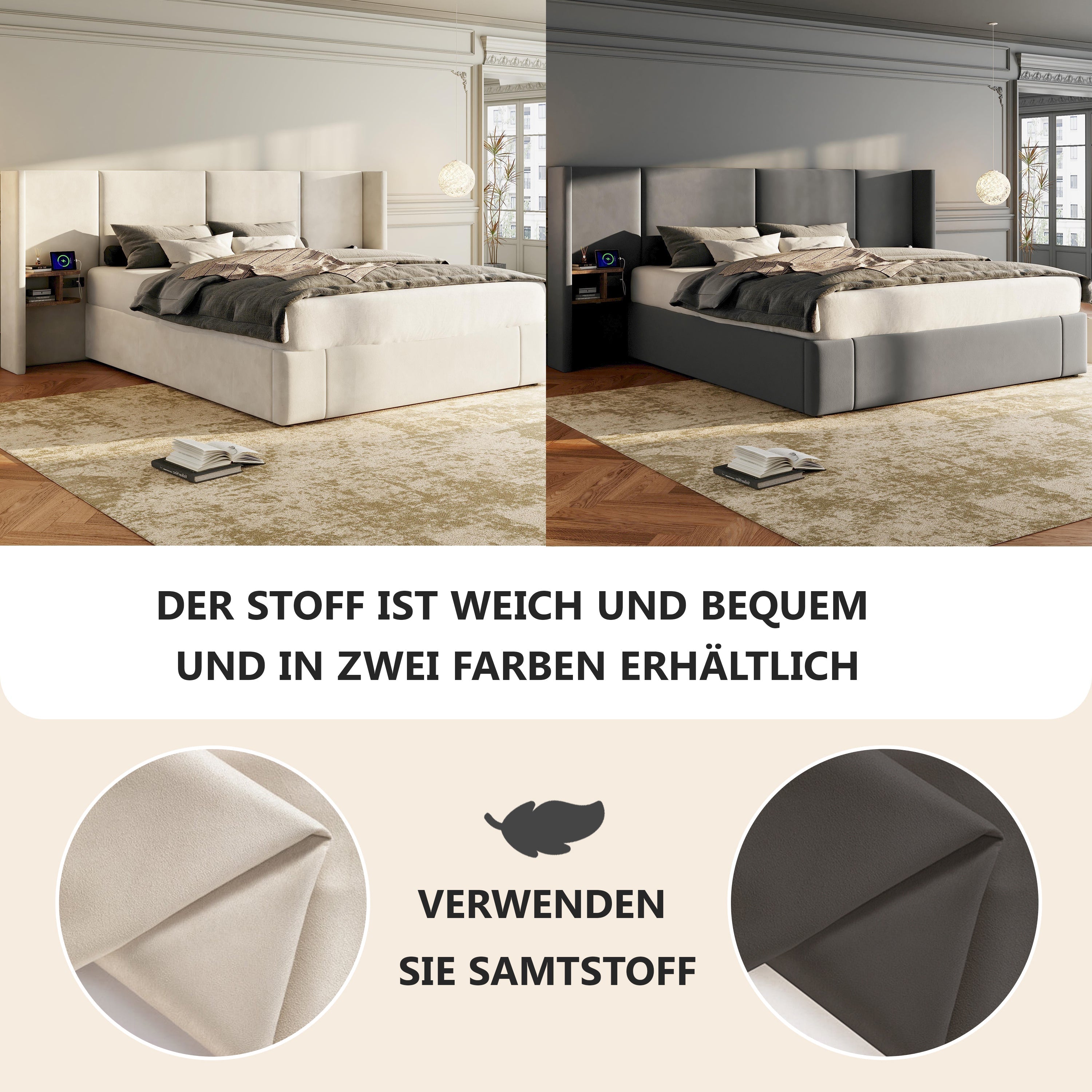 Upholstered Bed 160x200cm Hydraulic Storage USB Power Outlets 2 Bedside Tables Velvet Beige