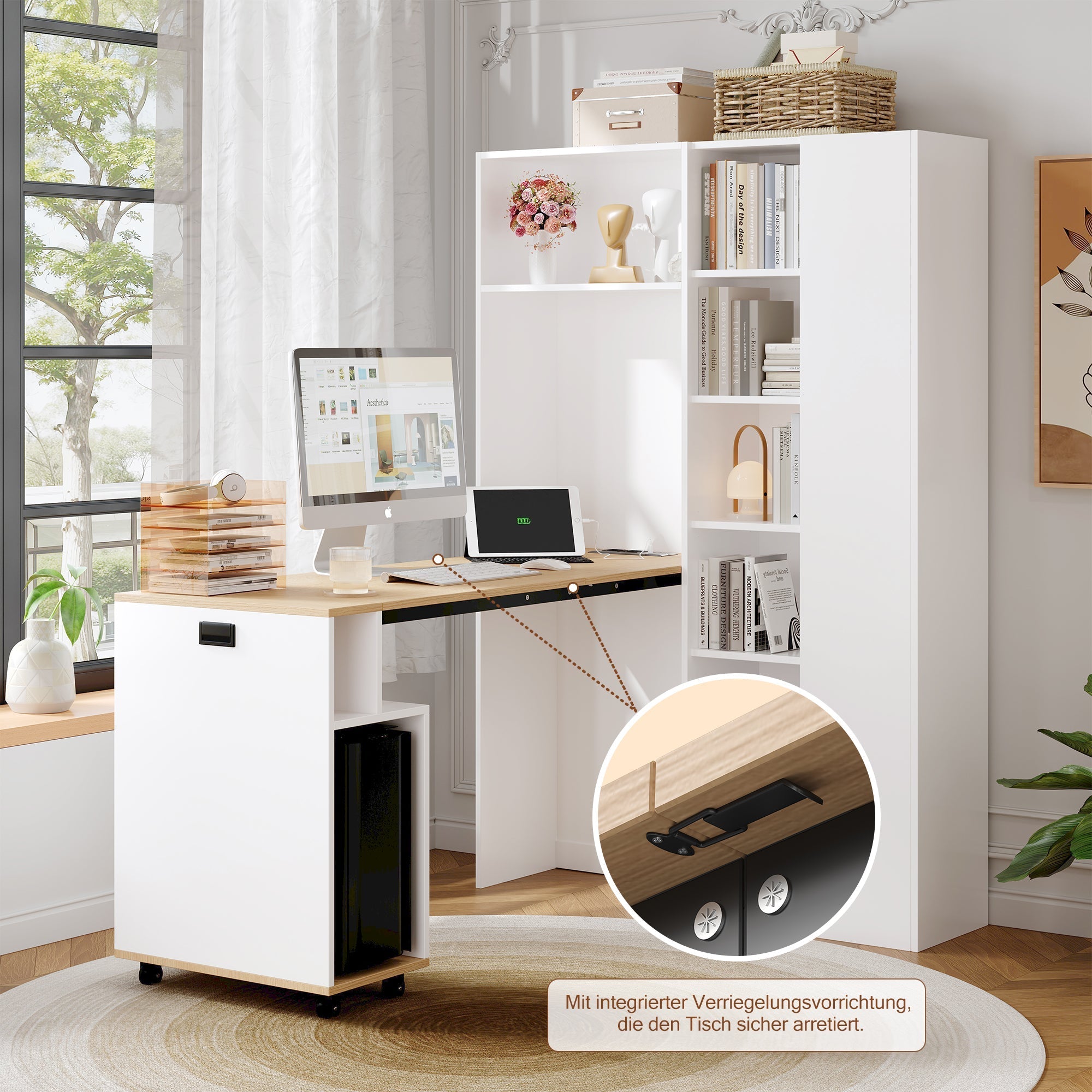 Folding Desk with Shelves, 2-in-1 Bookshelf, USB, Adjustable, White