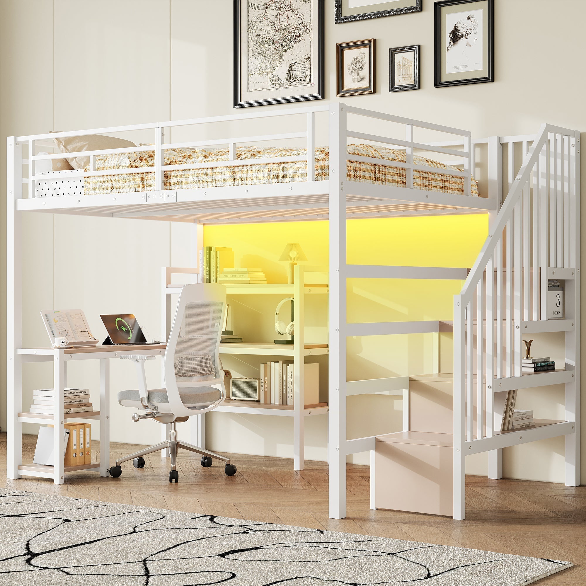 Metal Loft Bed with Stairs, Desk, Storage, USB and LED, 140x200cm, White