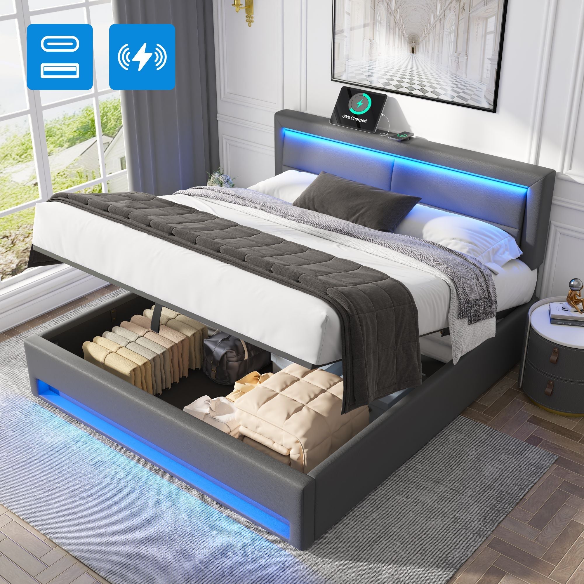 Upholstered Bed, 150x200cm King Size, with USB Ports, LED Lighting, Storage, Grey PU