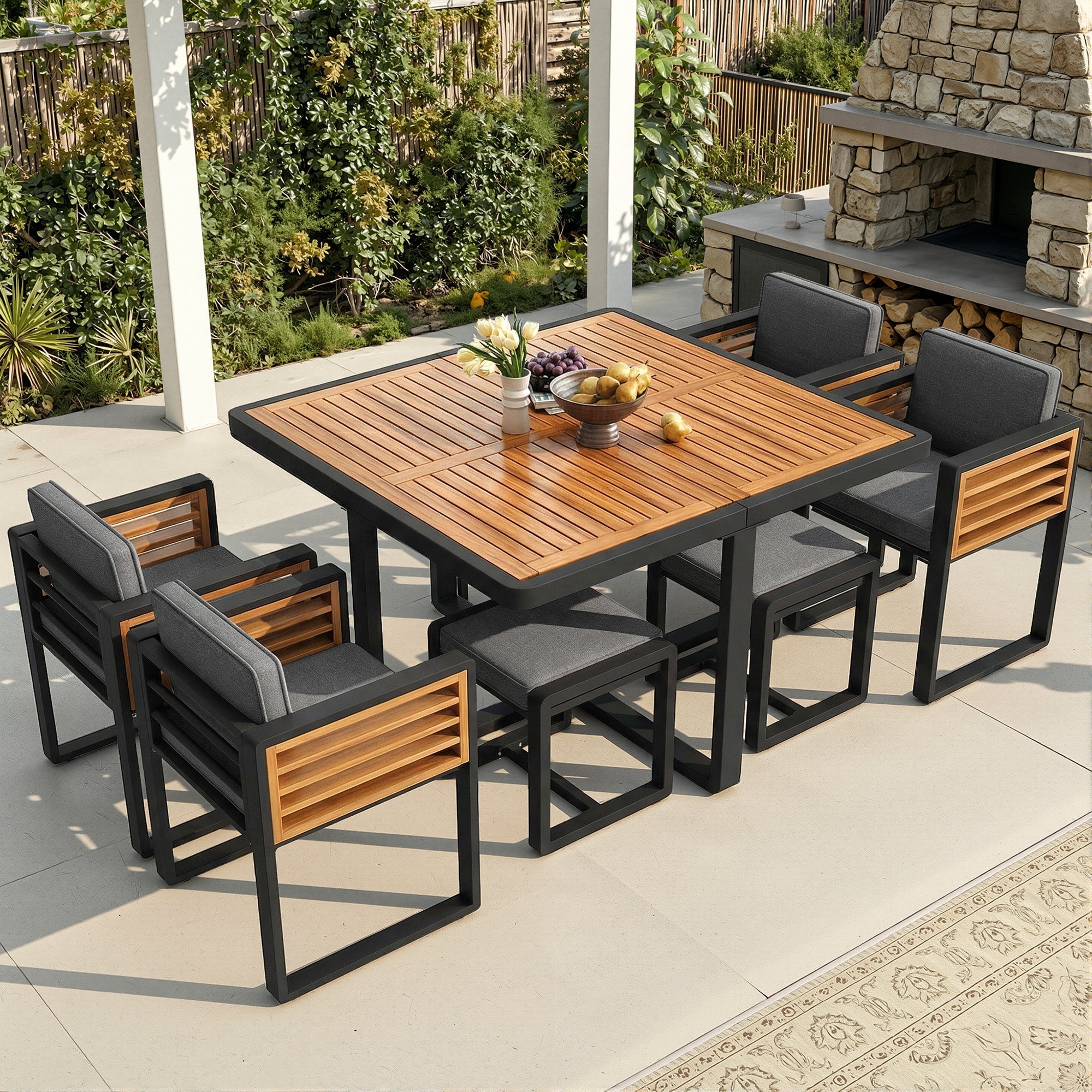 Garden Furniture Set, Lounge Seating Group with 6 Chairs and Table, Solid Wood Tabletop