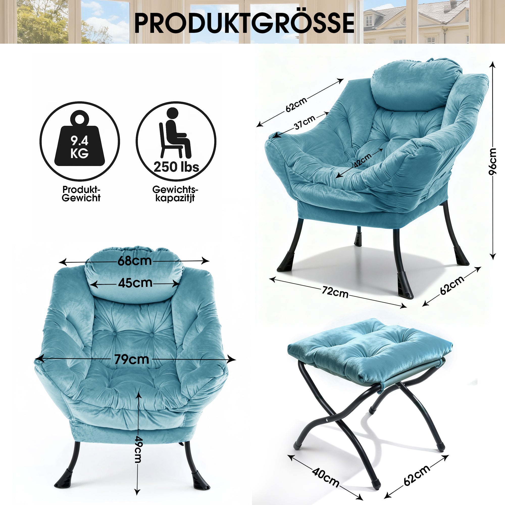 Armchair Recliner with Footstool, Armrests, Side Pocket - Blue