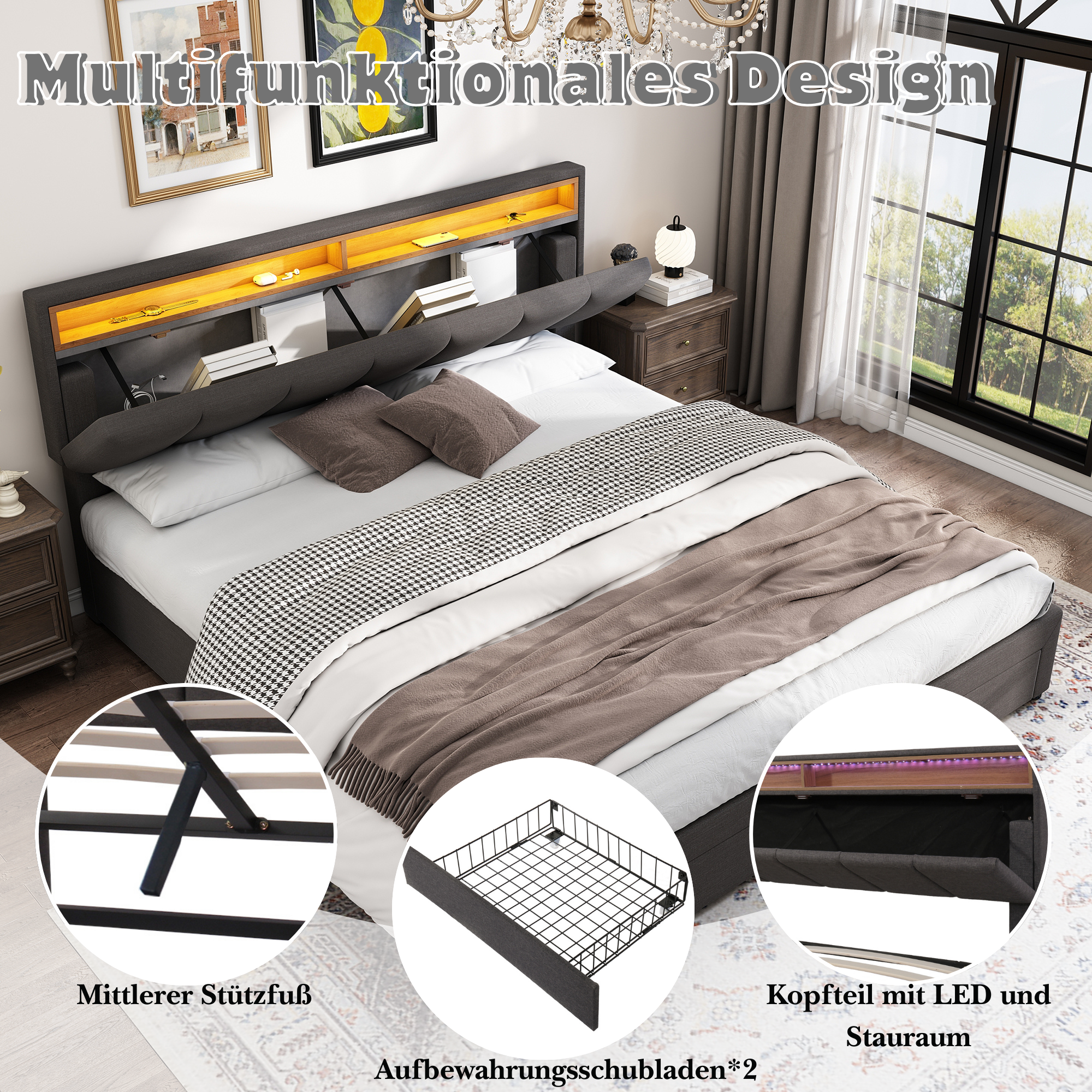 Upholstered Double Bed 160x200cm Hydraulic Storage LED Stowable Headboard - Linen Grey