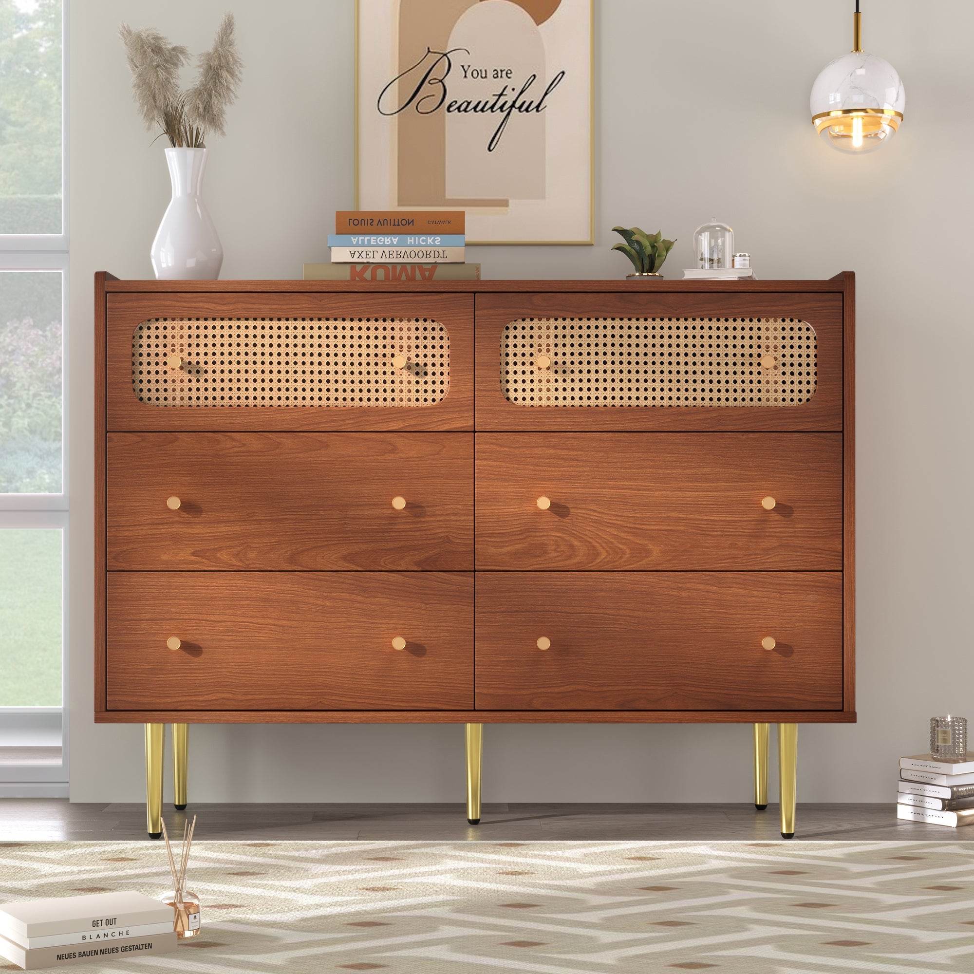 Rattan Sideboard Cabinet with 6 Drawers for Living Room, Walnut