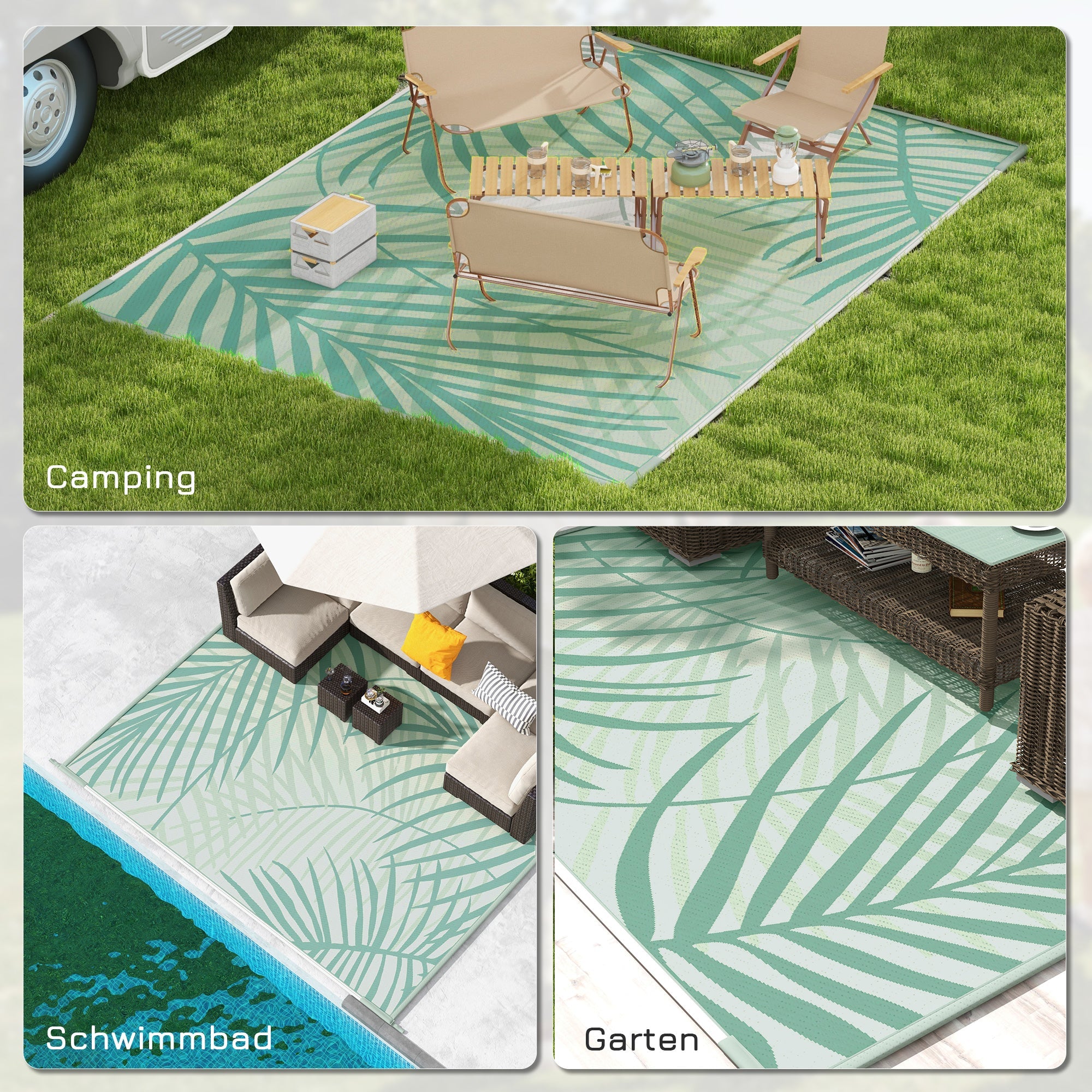 Outdoor Rug Reversible Water-Repellent 365x274cm with Carrying Bag, Green