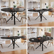 Round Extendable Dining Table, X-Metal Frame, Marble Look Black