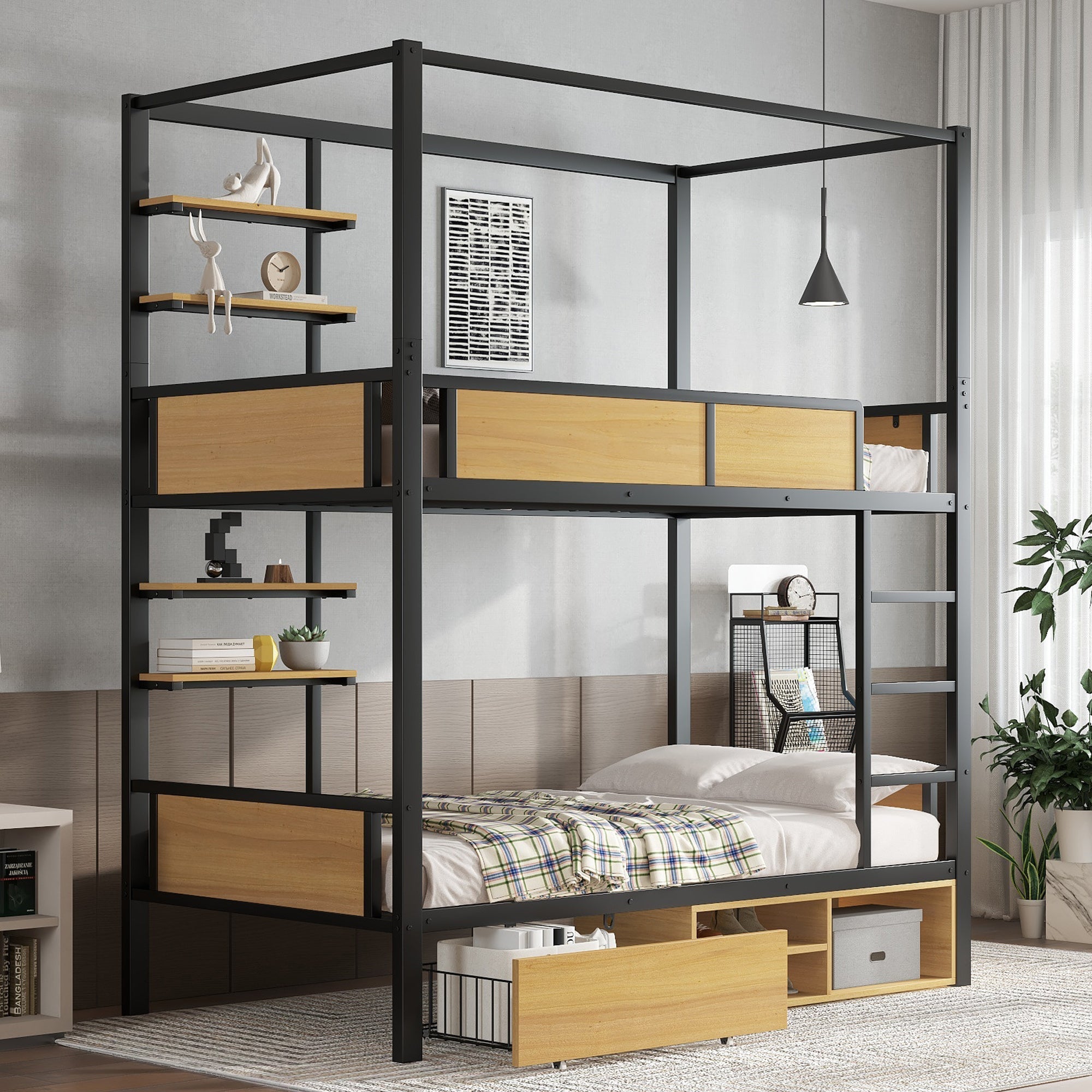 Bunk Bed, Iron & MDF, Double Shelf, Under Bed Storage, Black & Natural