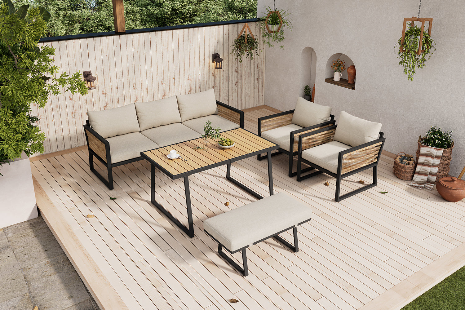 5-Piece Garden Dining Set with 3-Seater Sofa, 2 Armchairs, Stool and Table, Woven Rope and Steel, Beige