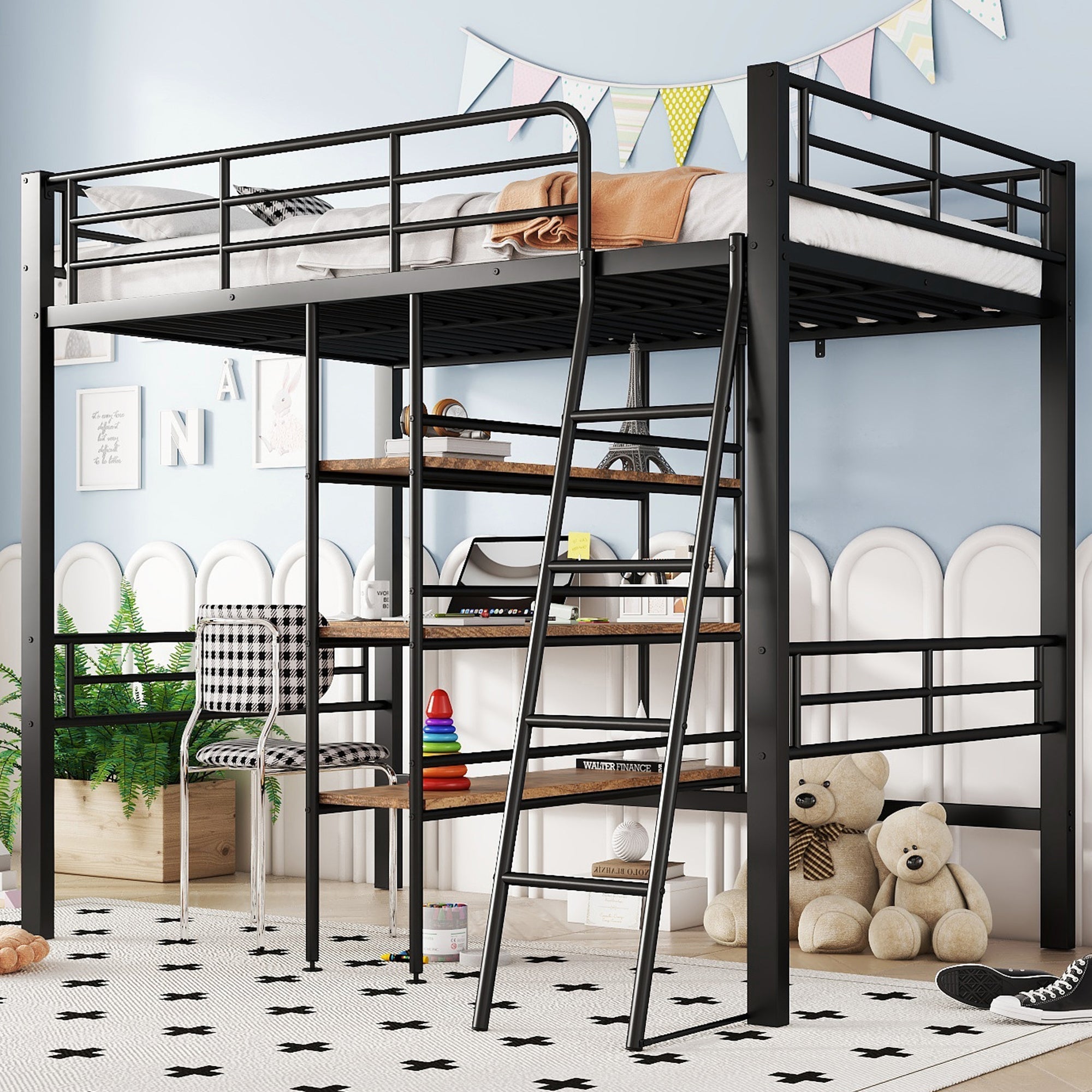 Loft Bed 90x200cm Iron Frame with Desk Multiple Shelves Black