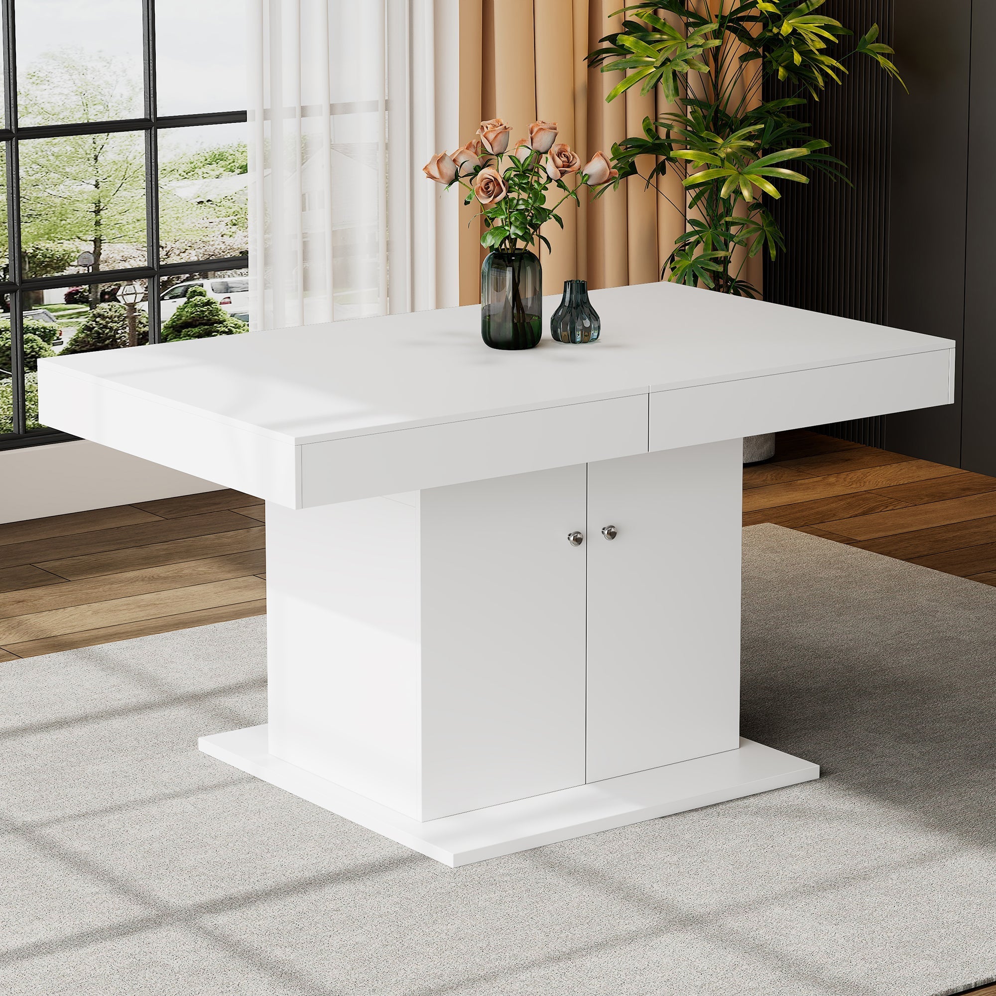 Extendable Dining Table with Storage and Automatic Telescopic Function, White