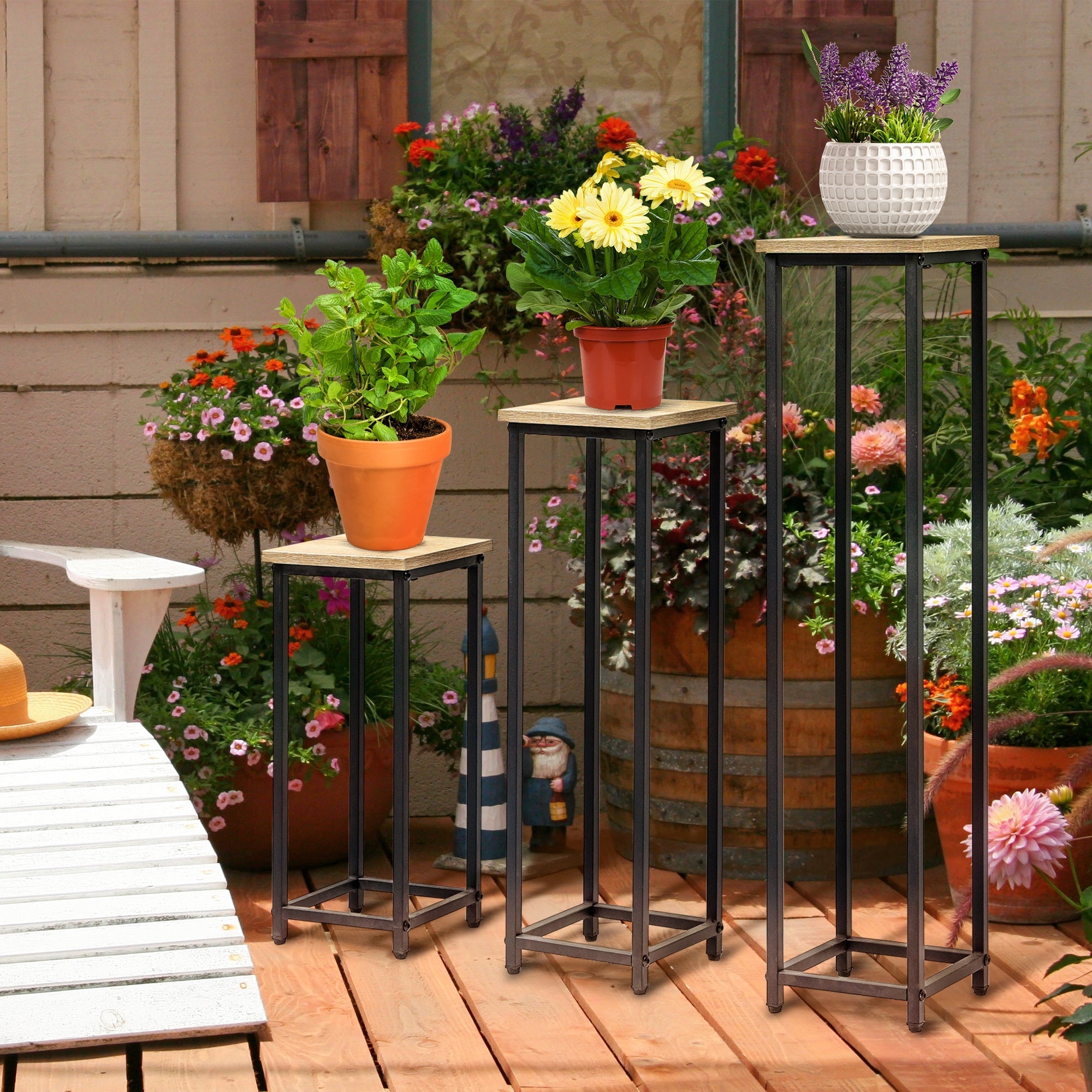 Plant Stand Set 3-piece Flower Stool & Flower Pot Holder Steel Black and Natural